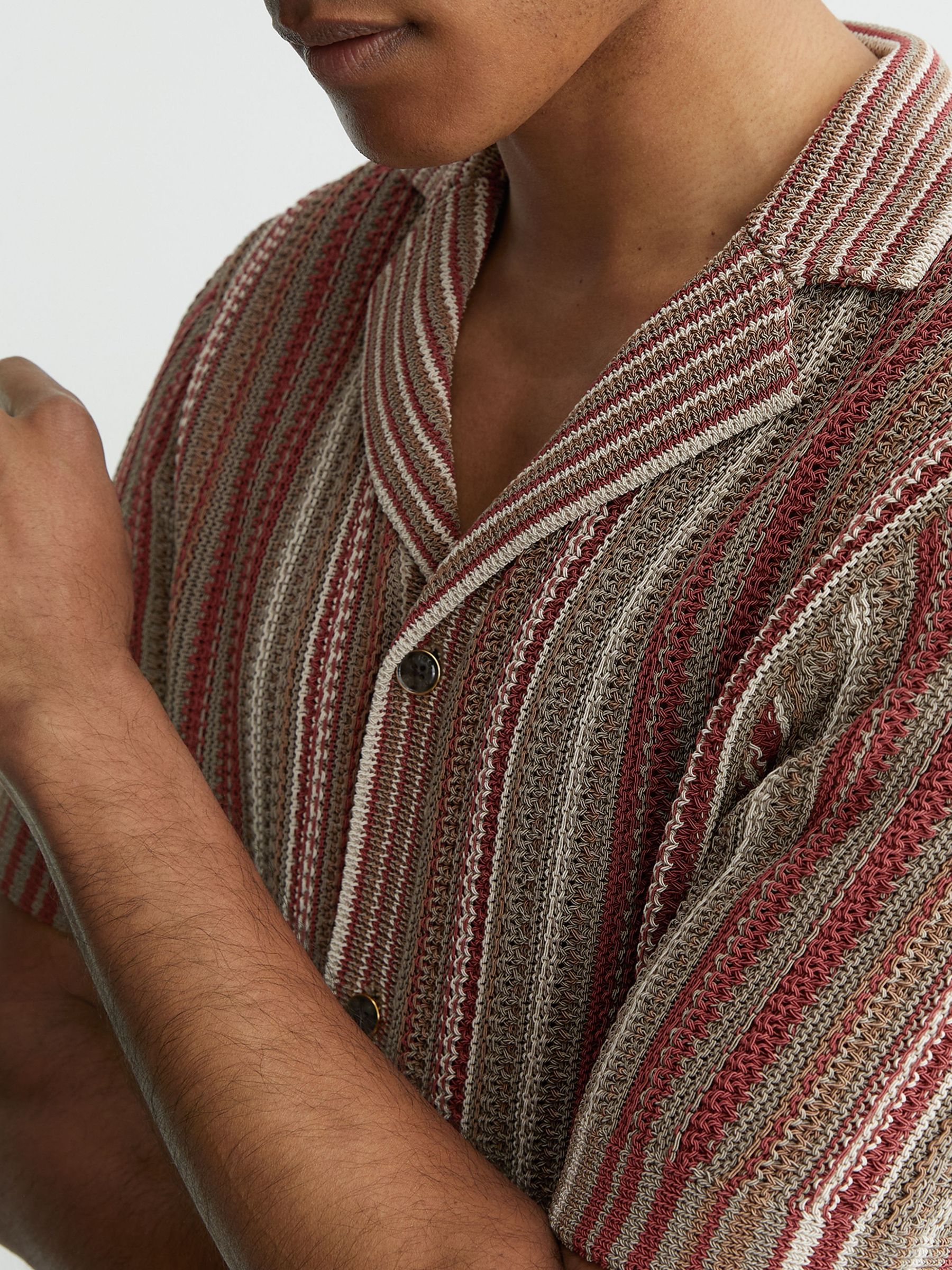 Textured-Knit Stripe Cuban-Collar Shirt in Red/Camel - Image 3 of 6