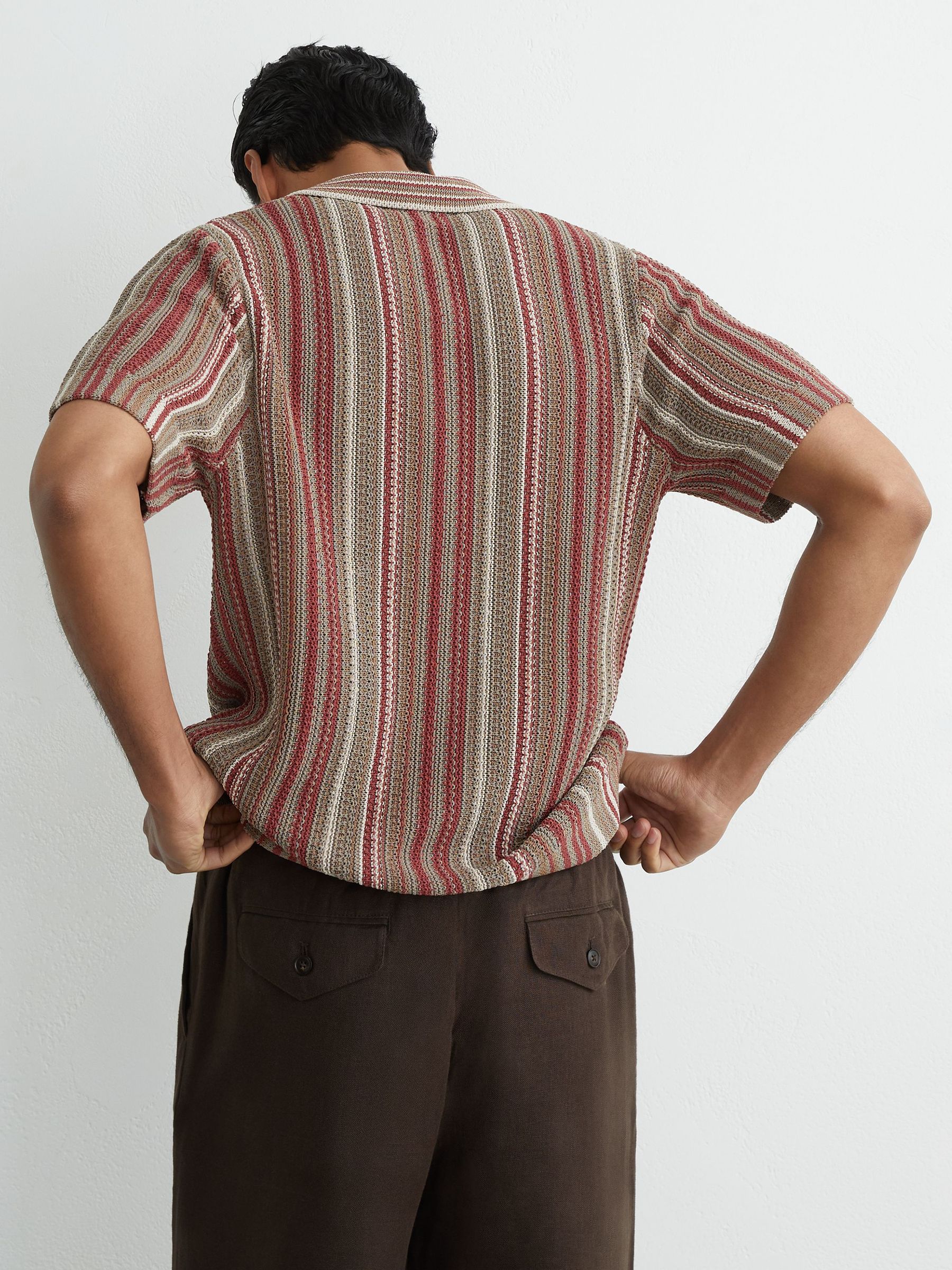 Textured-Knit Stripe Cuban-Collar Shirt in Red/Camel - Image 4 of 6