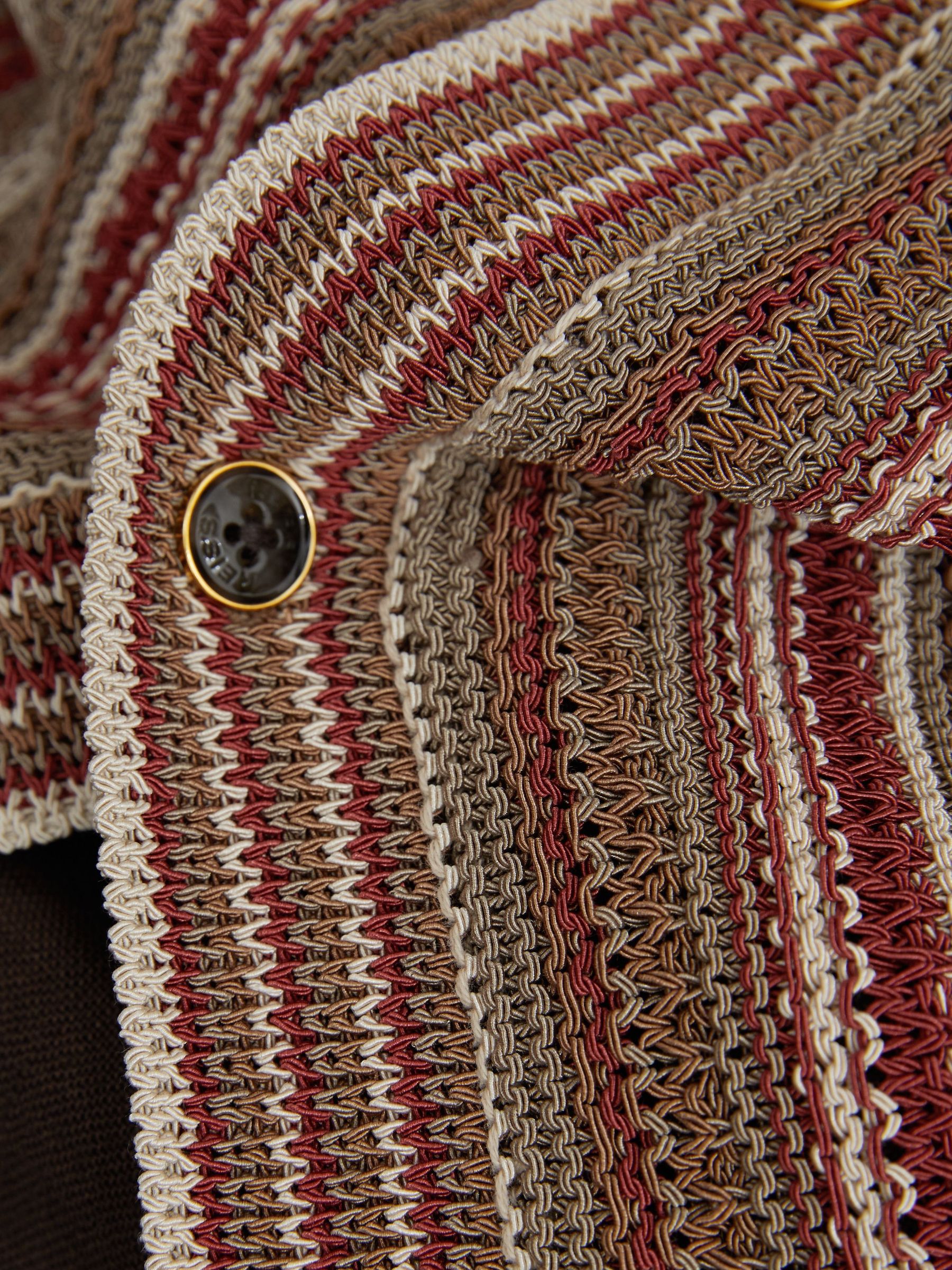Textured-Knit Stripe Cuban-Collar Shirt in Red/Camel - Image 5 of 6
