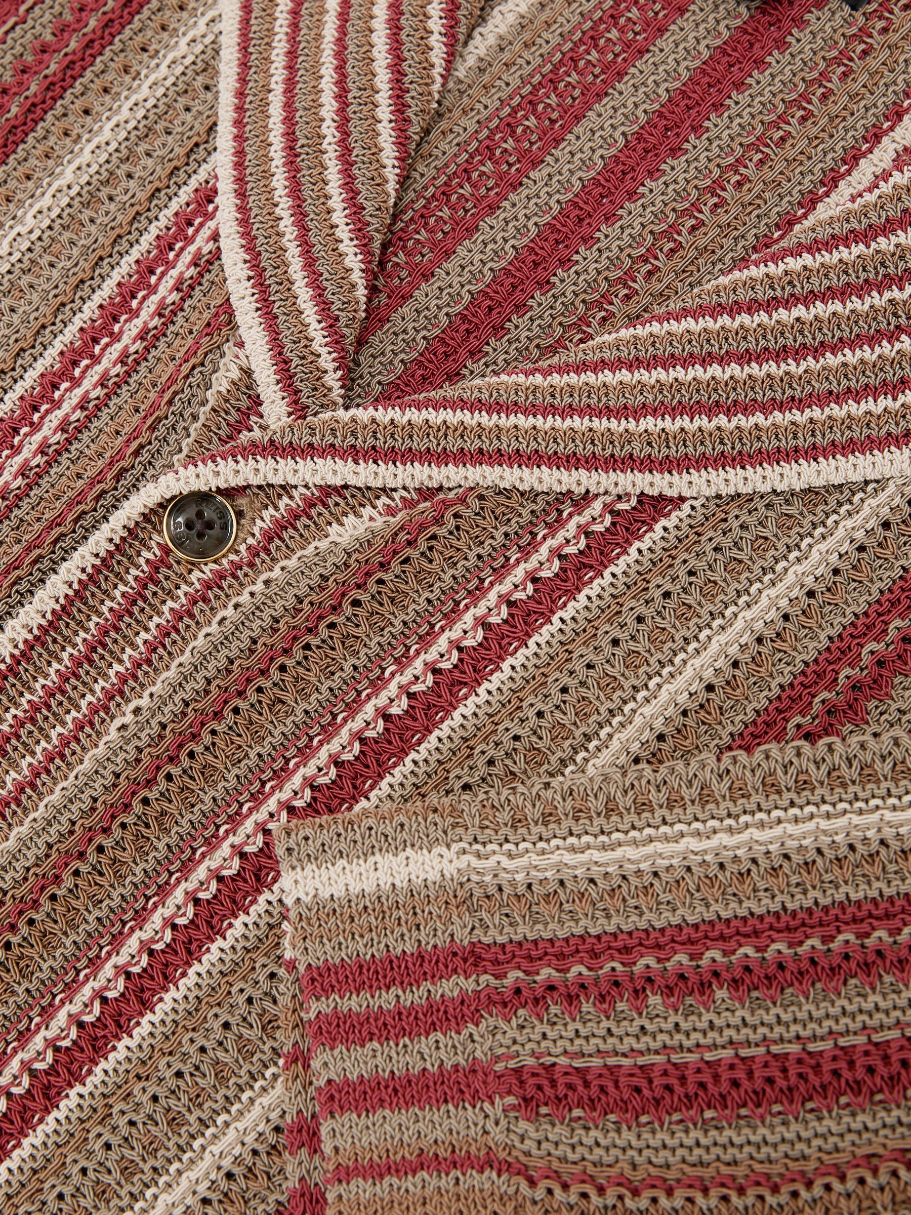 Textured-Knit Stripe Cuban-Collar Shirt in Red/Camel - Image 6 of 6