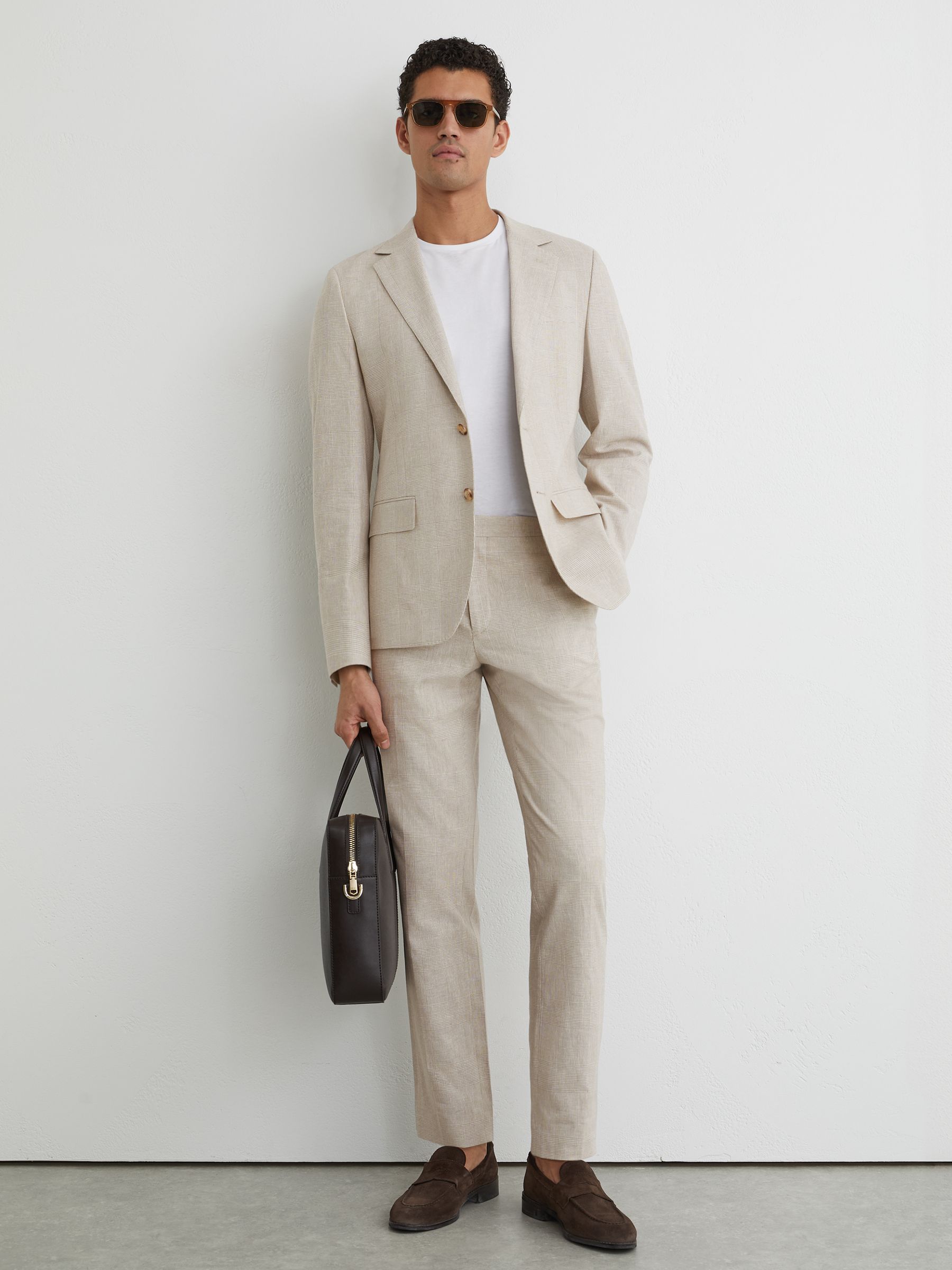 Linen-Cotton Check Tailored-Fit Trousers in Oatmeal Brown - Image 1 of 6