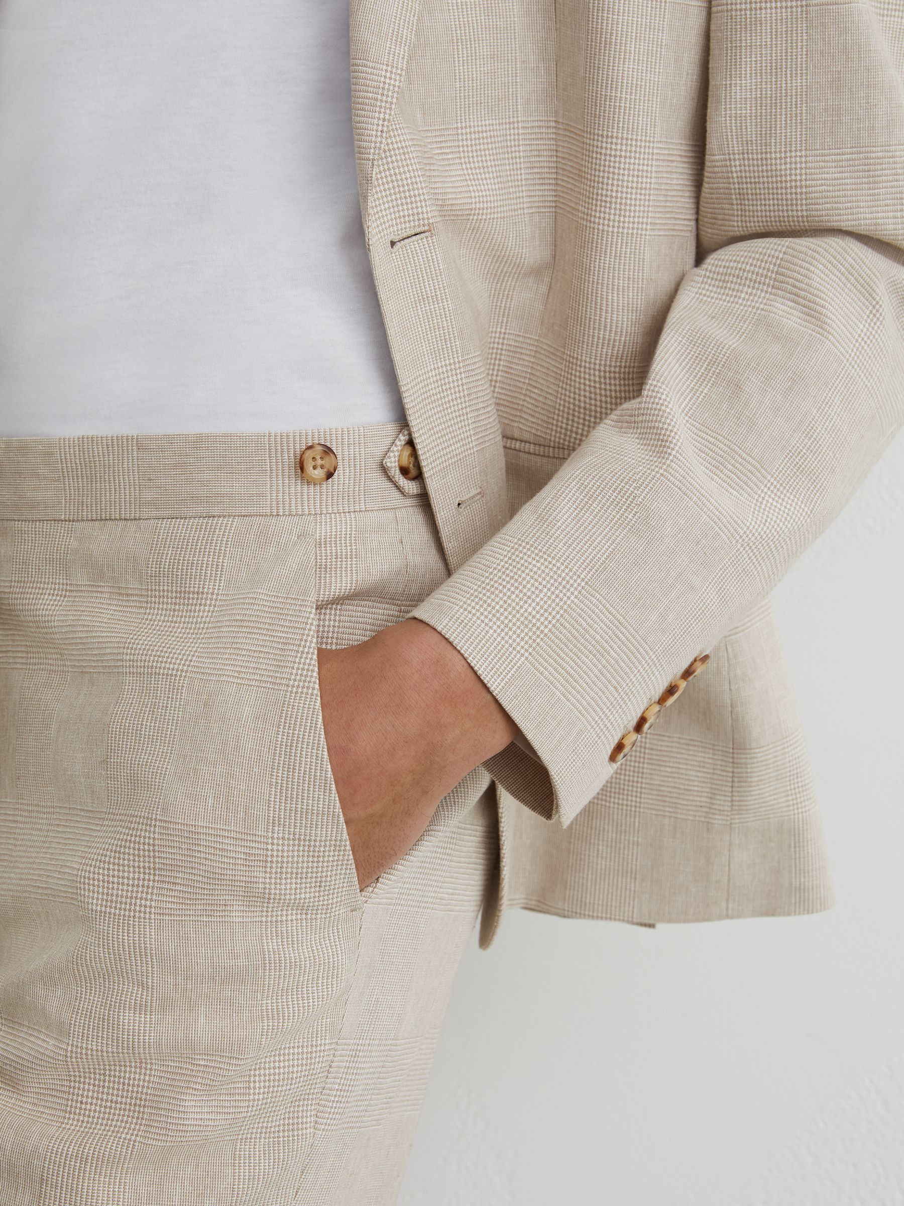 Linen-Cotton Check Tailored-Fit Trousers in Oatmeal Brown - image 4