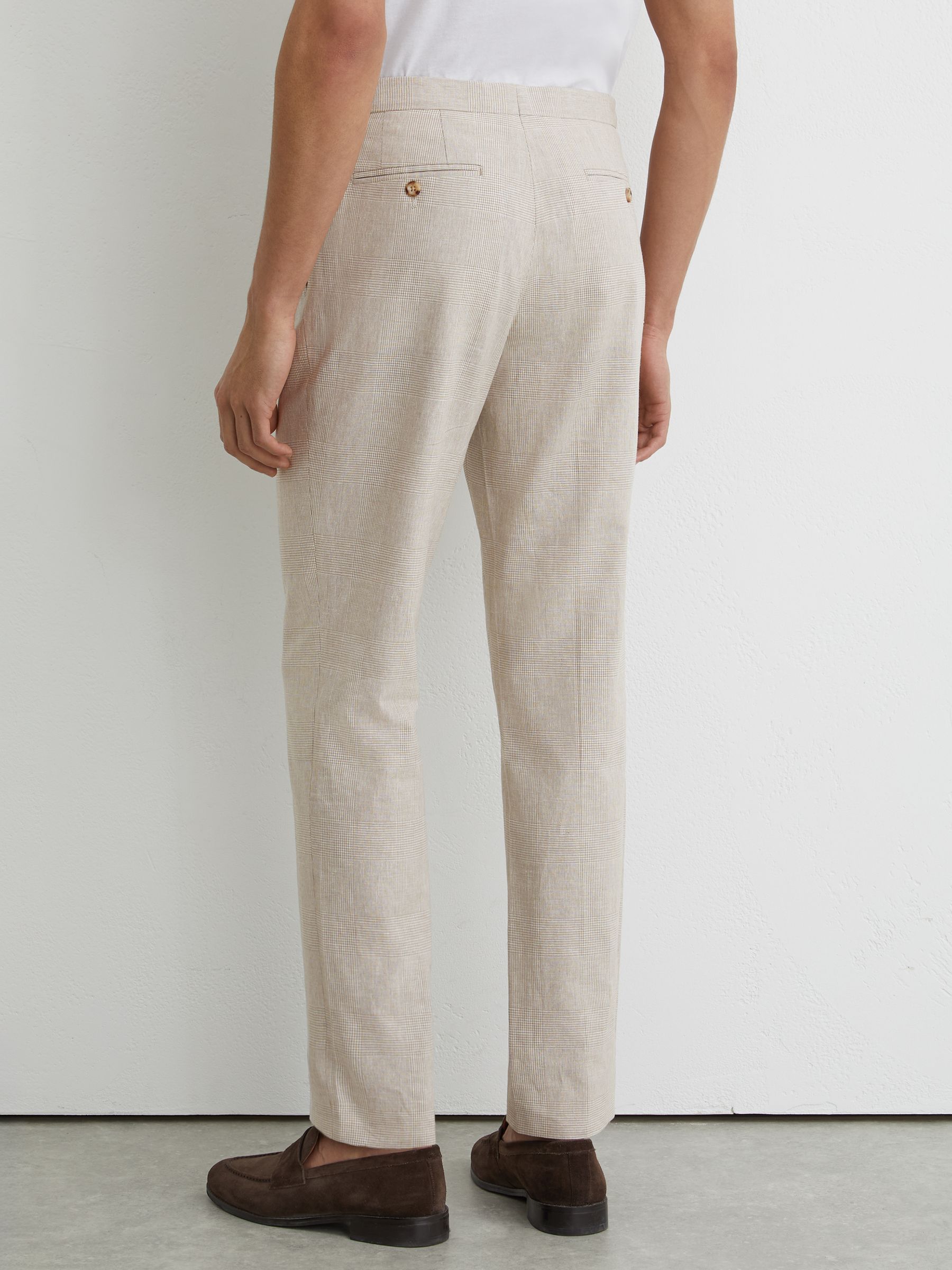 Linen-Cotton Check Tailored-Fit Trousers in Oatmeal Brown - image 5