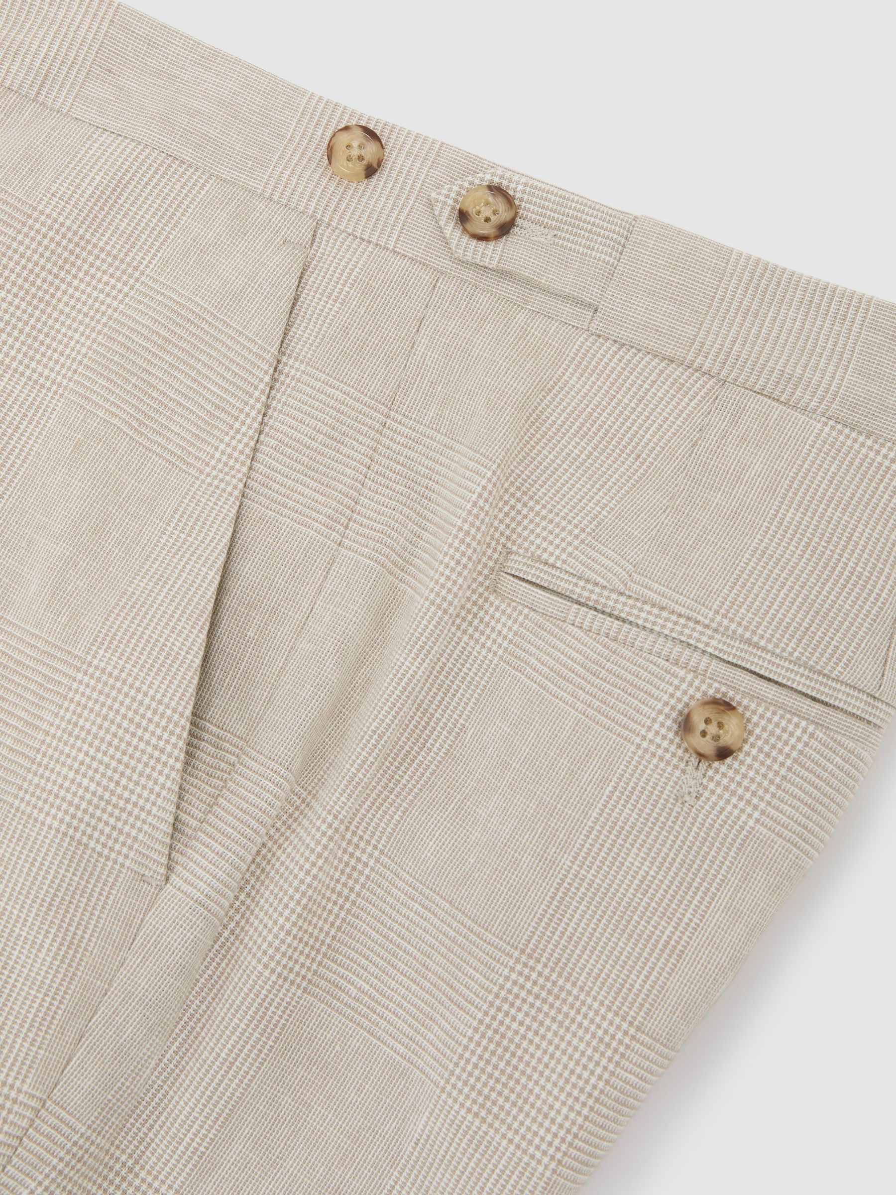 Linen-Cotton Check Tailored-Fit Trousers in Oatmeal Brown - image 3