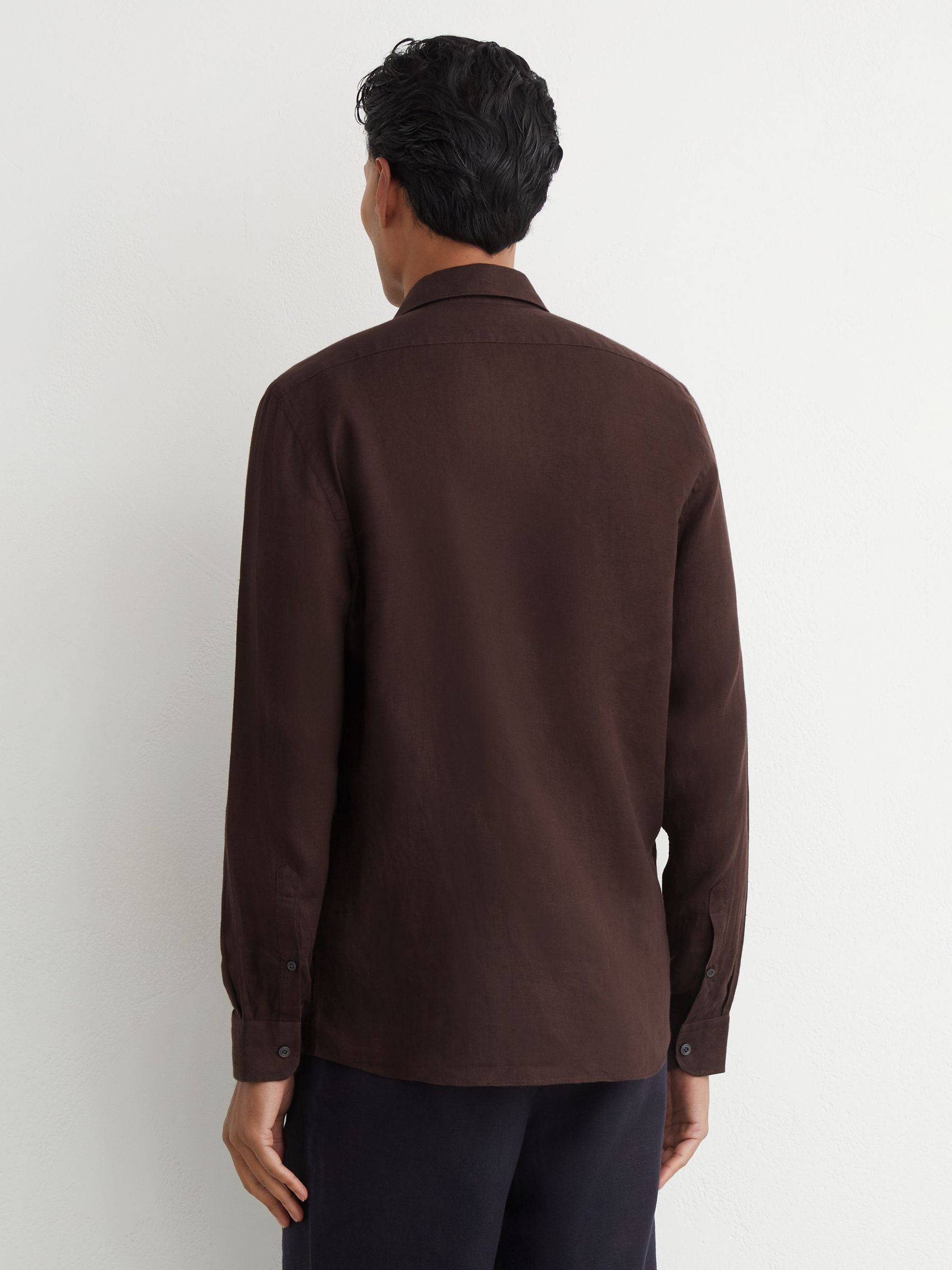 Linen Cutaway-Collar Regular-Fit Shirt in Chocolate Brown - image 4