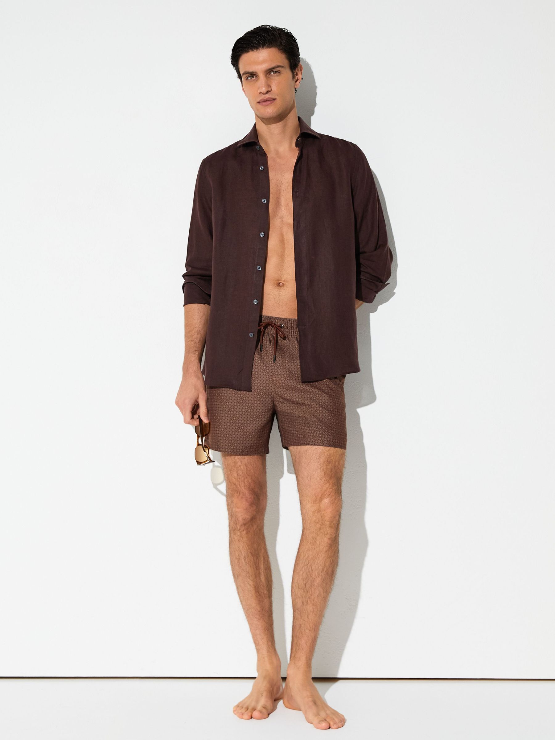 Geometric-Print Drawstring Swim Shorts in Dark Brown - Image 1 of 6