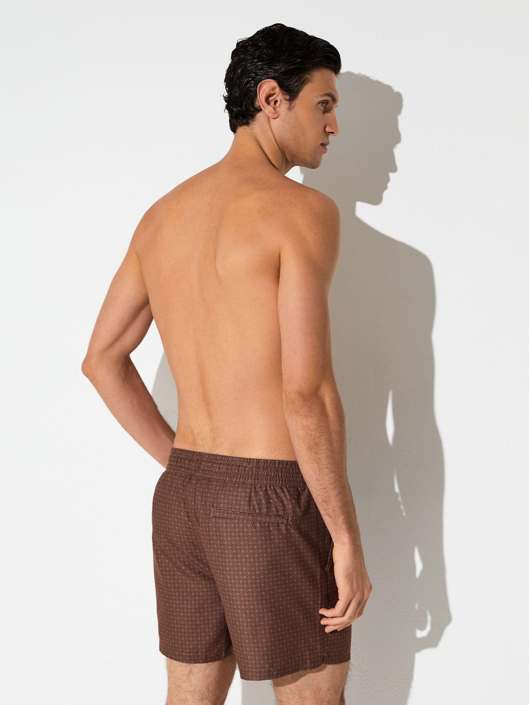 Geometric-Print Drawstring Swim Shorts in Dark Brown - Image 5 of 6
