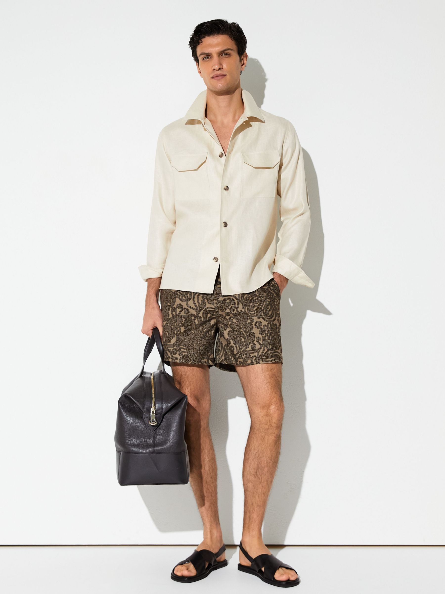 Paisley-Print Side-Adjuster Swim Shorts in Mocha Brown - image 3