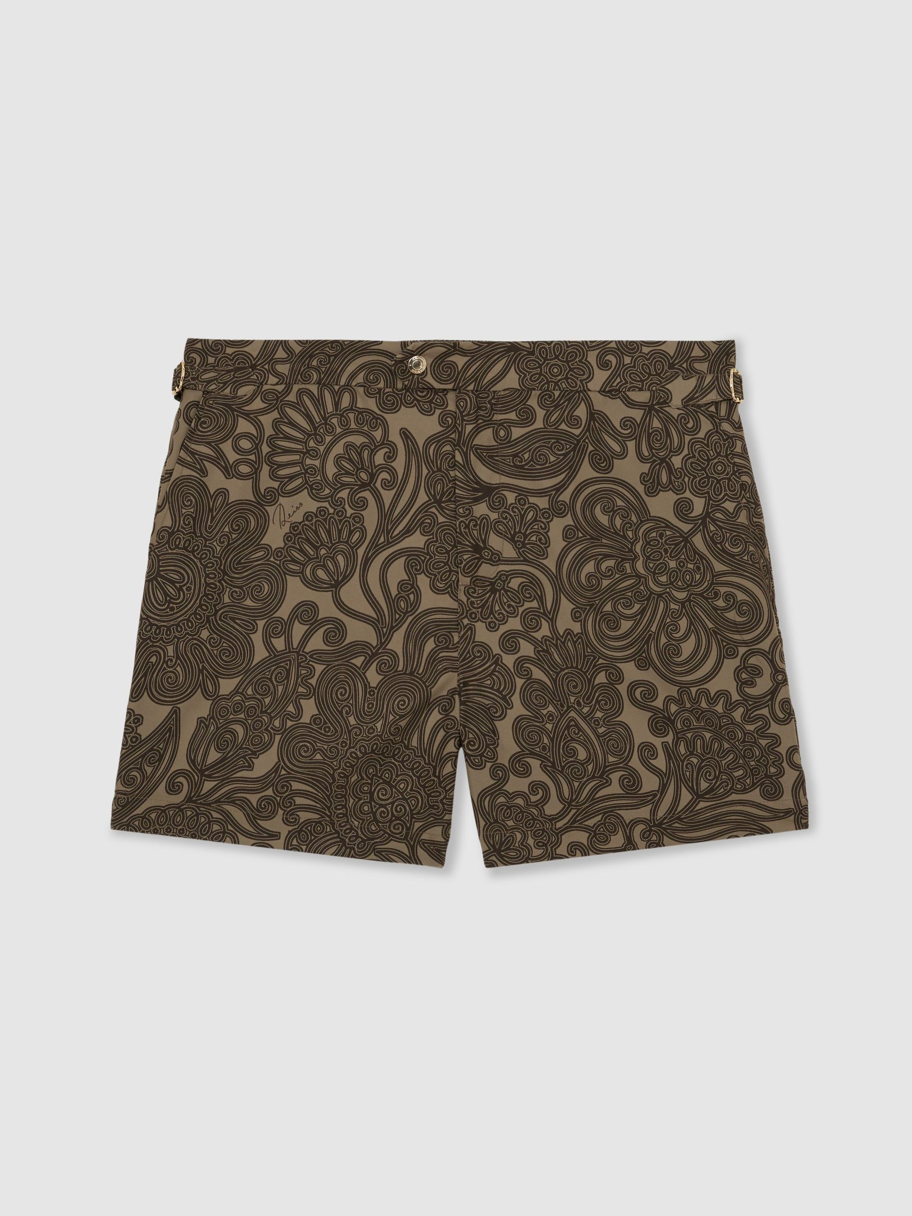 Paisley-Print Side-Adjuster Swim Shorts in Mocha Brown - image 1