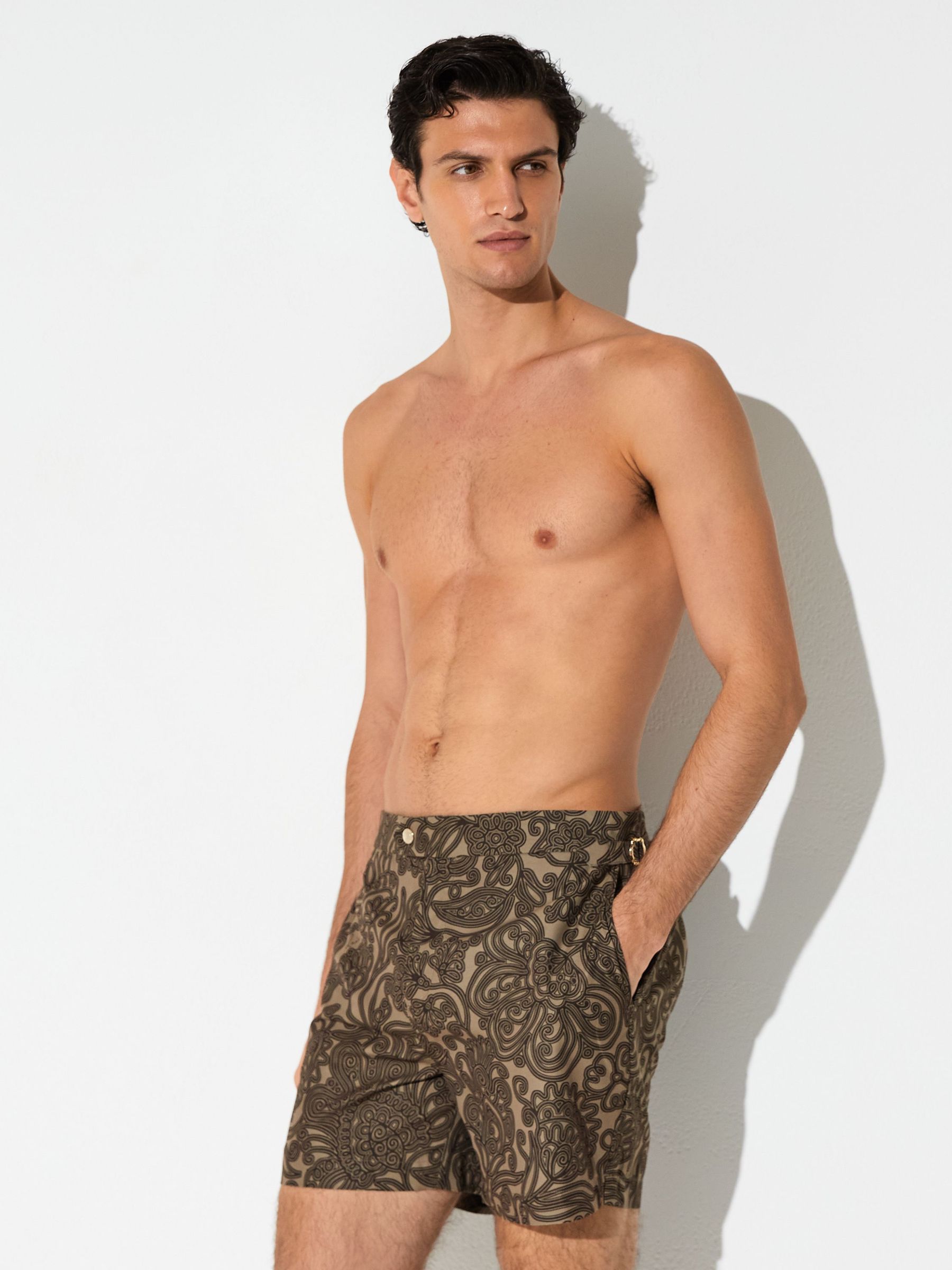 Paisley-Print Side-Adjuster Swim Shorts in Mocha Brown - Image 4 of 8