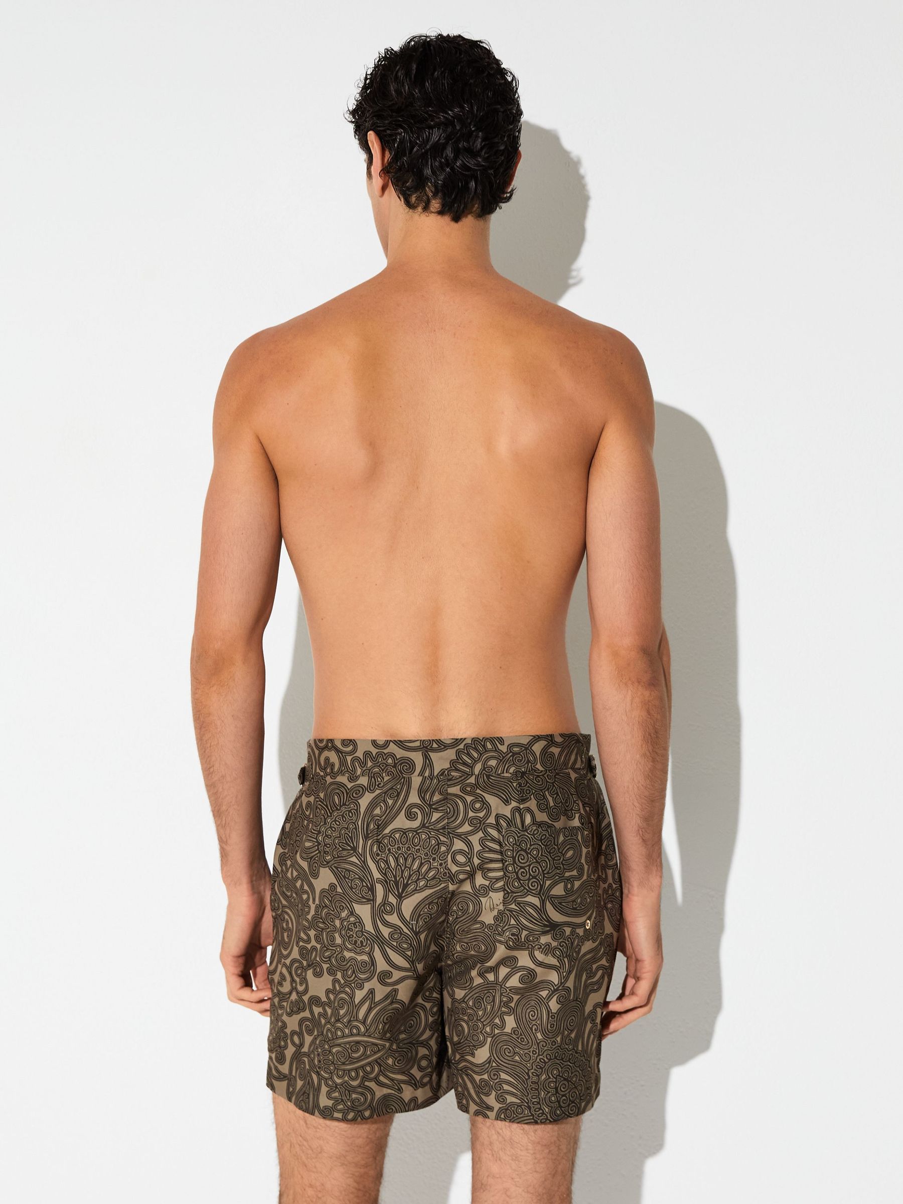 Paisley-Print Side-Adjuster Swim Shorts in Mocha Brown - Image 6 of 8