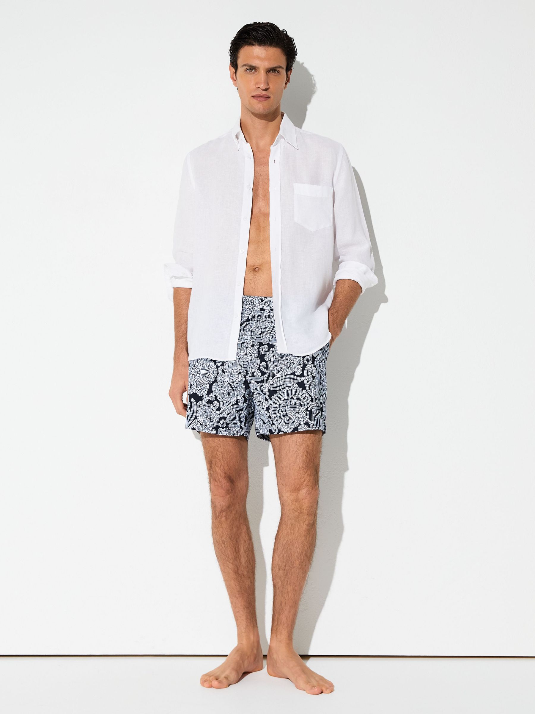 Paisley-Print Side-Adjuster Swim Shorts in Navy - image 5