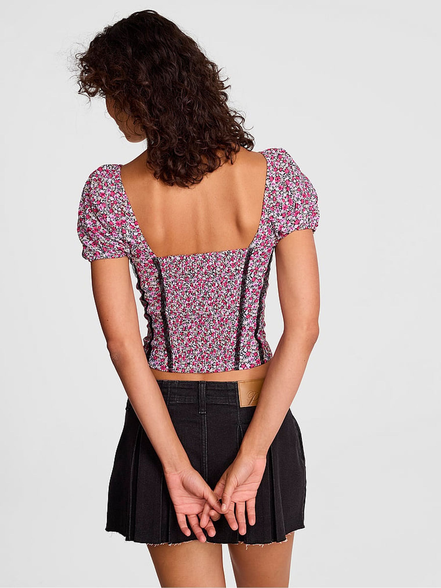 Pink Floral Print Puff Sleeve Corset Top - Image 2 of 2