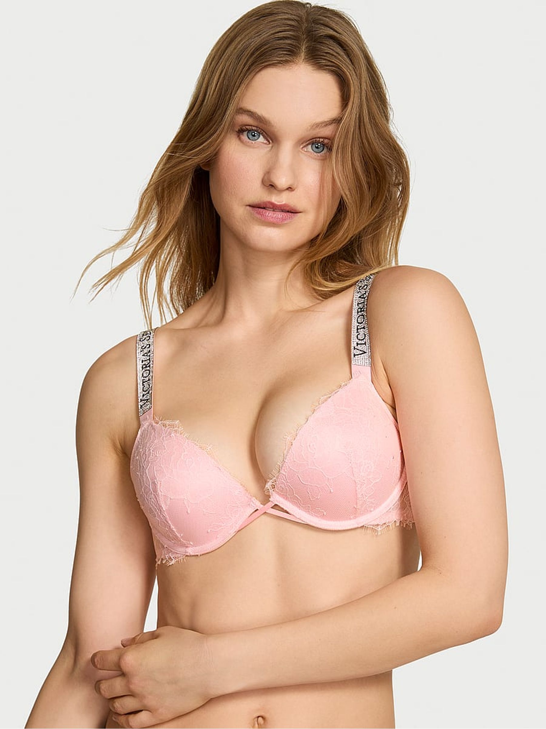 Angel Pink Push Up Shine Strap Lace Bra - Image 1 of 2 Angel Pink Push Up Shine Strap Lace Bra - Image 1 of 2