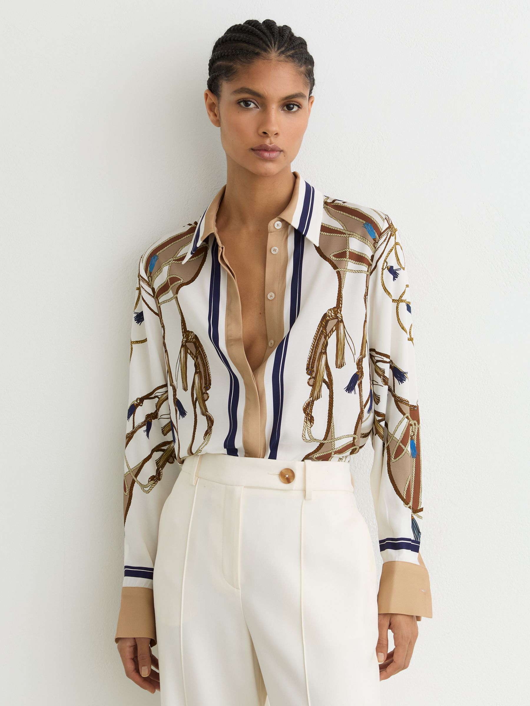 Foulard-Print Concealed-Placket Shirt in Ivory/Brown - Image 1 of 6