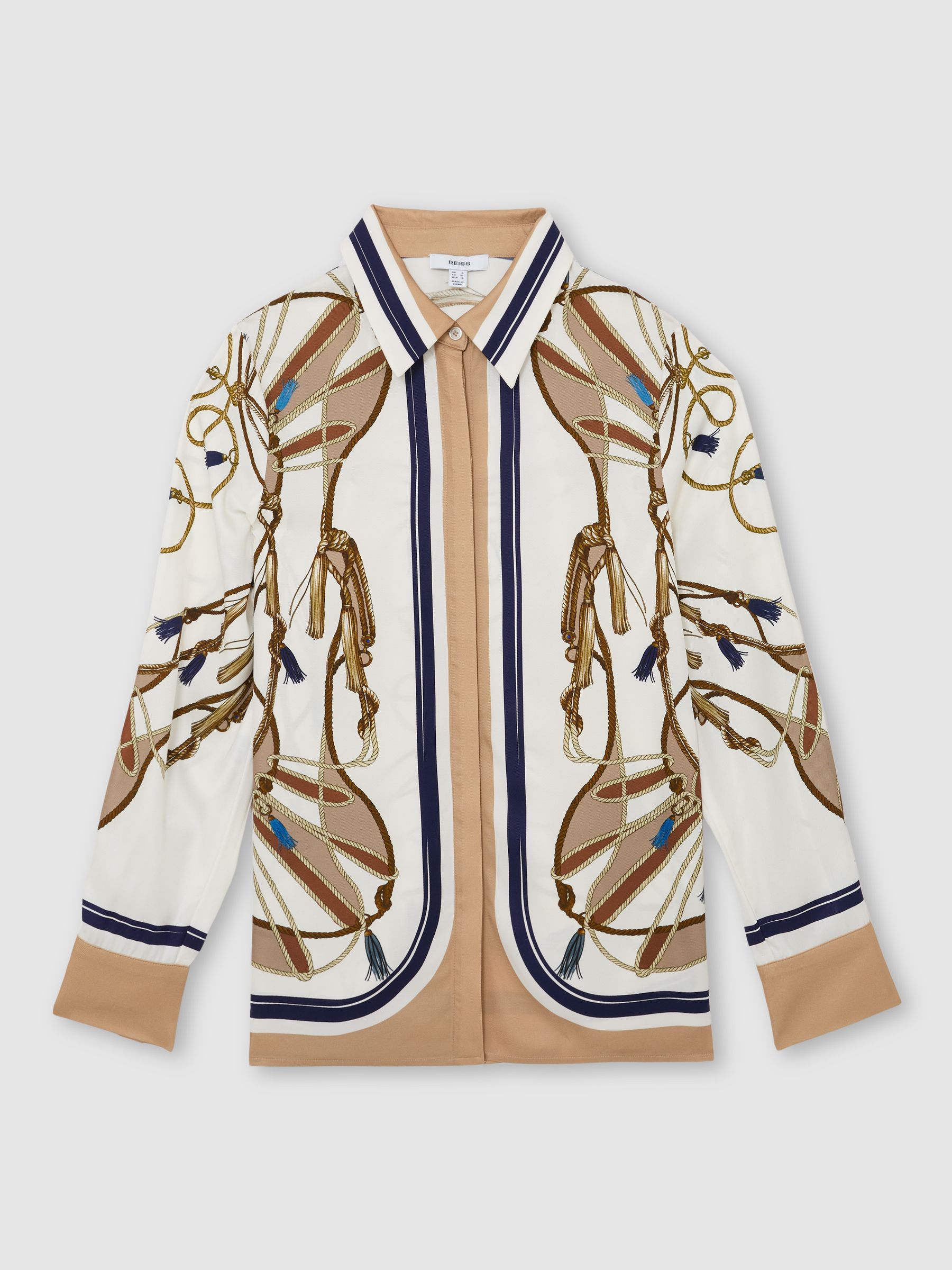 Foulard-Print Concealed-Placket Shirt in Ivory/Brown