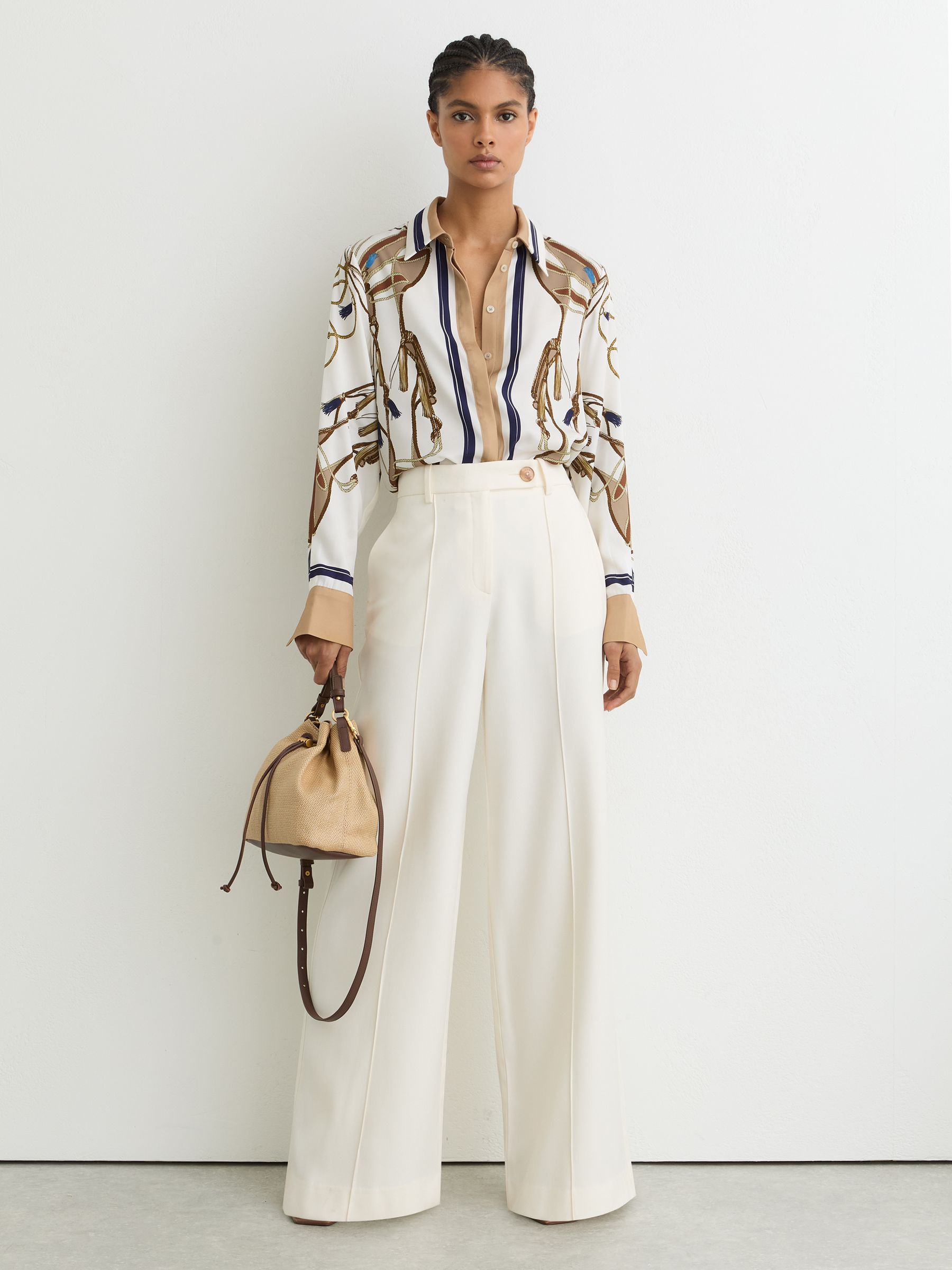 Foulard-Print Concealed-Placket Shirt in Ivory/Brown - Image 3 of 6