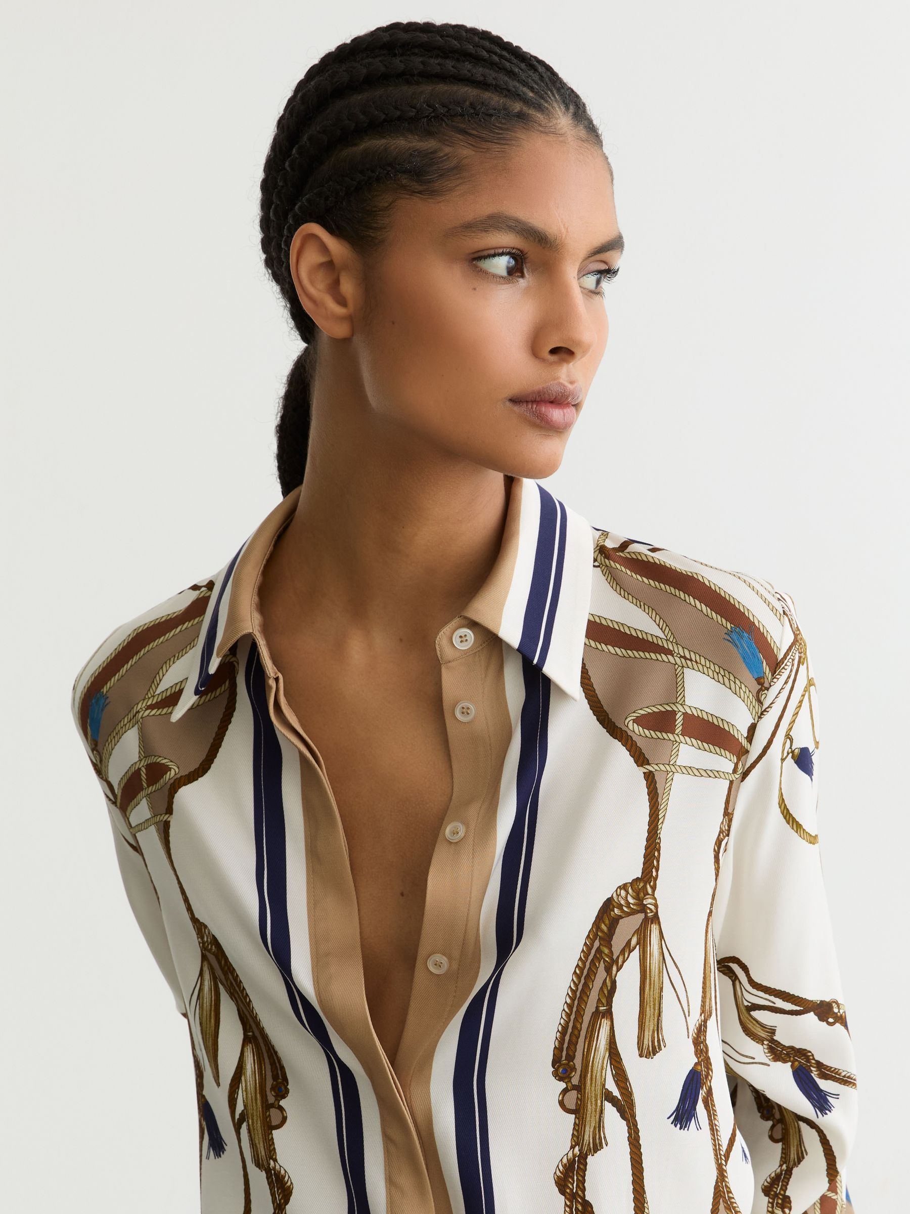 Foulard-Print Concealed-Placket Shirt in Ivory/Brown - Image 4 of 6