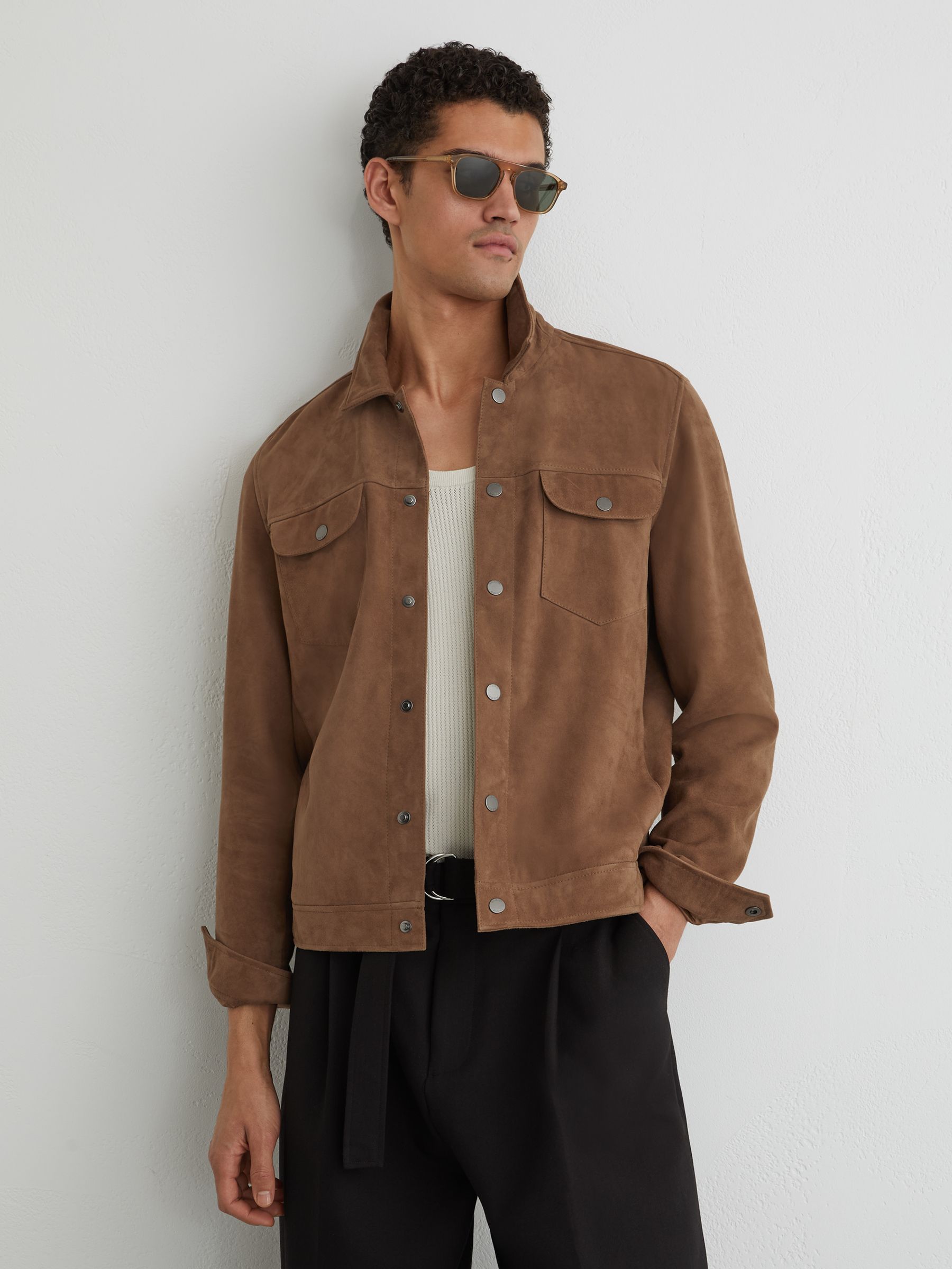 Suede Press-Stud Twin-Pocket Jacket in Mushroom Brown - Image 1 of 6