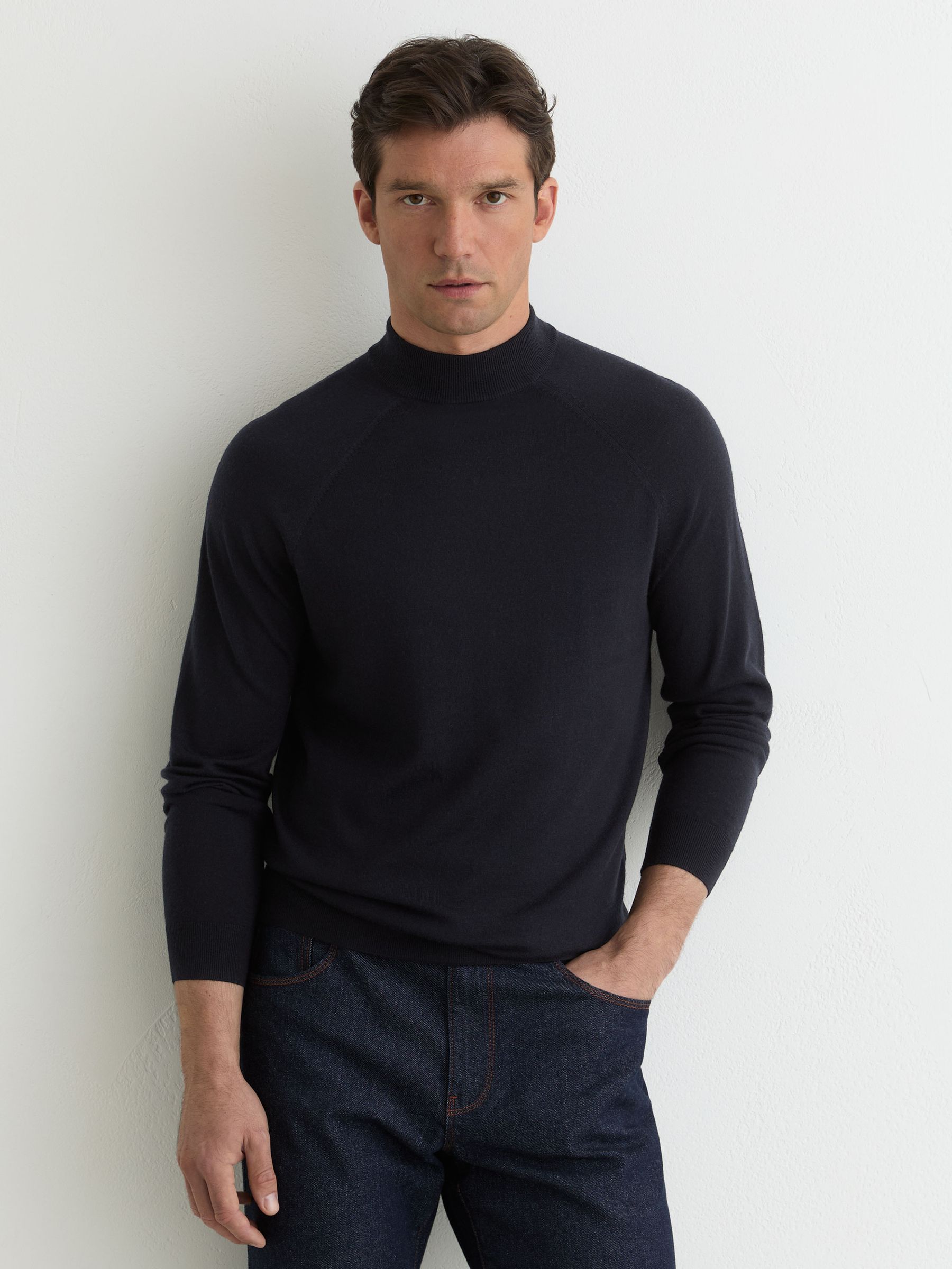 Merino Wool Mock-Neck Jumper in Navy - Image 1 of 7