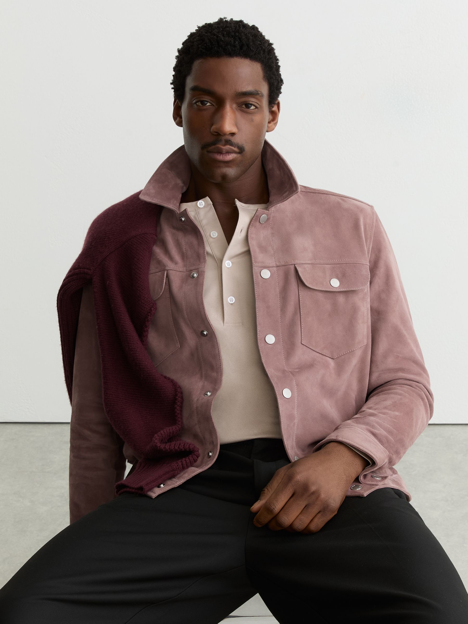 Veste en suède rose pâle à double poche et boutons-pression - Image 1 de 7