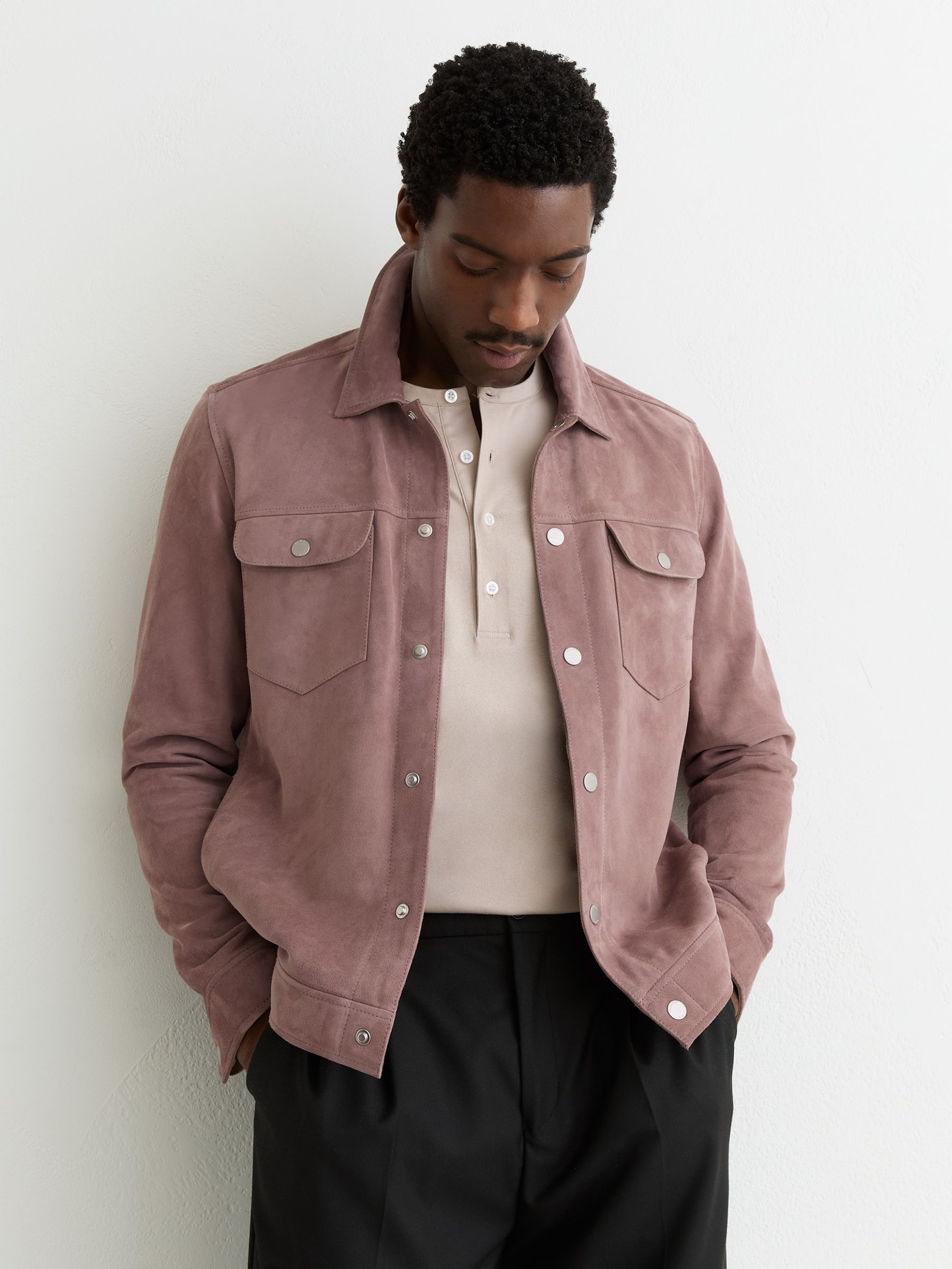 Veste en suède rose pâle à double poche et boutons-pression - Image 4 de 7