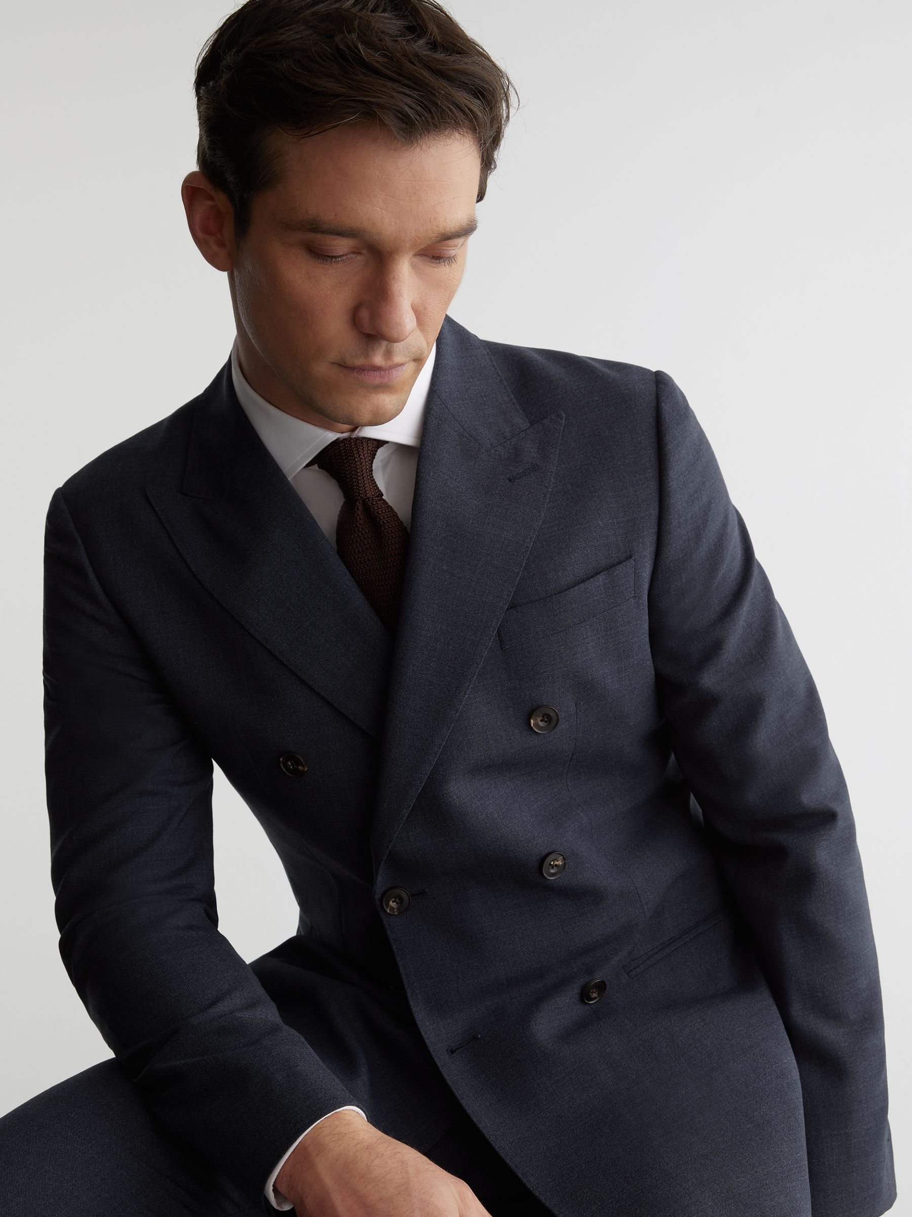 Tailored Fit Wool Textured Double-Breasted Blazer in Airforce Blue - image 4