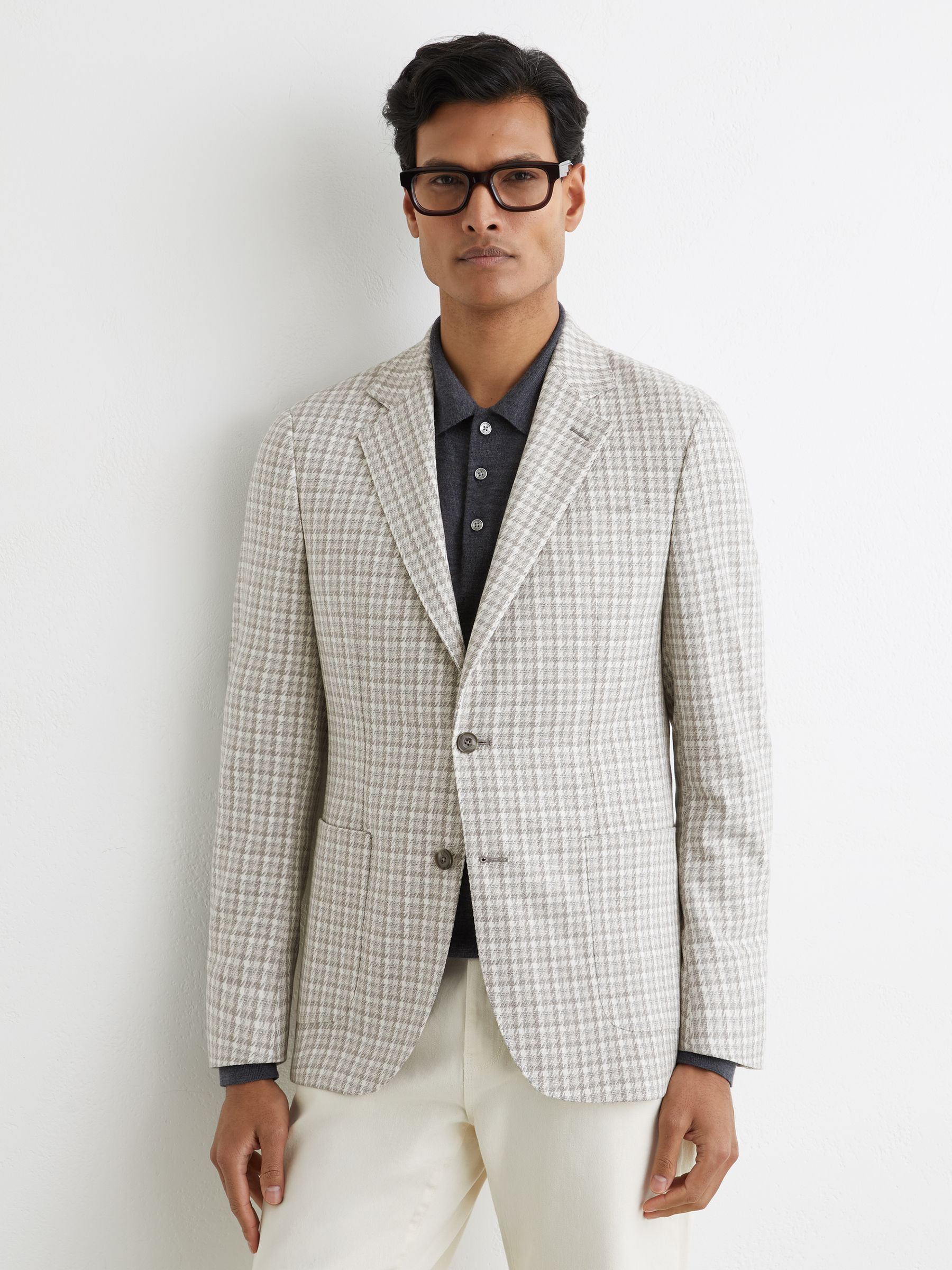 Houndstooth Single-Breasted Blazer Tailored-Fit in Soft Grey - Image 1 of 9