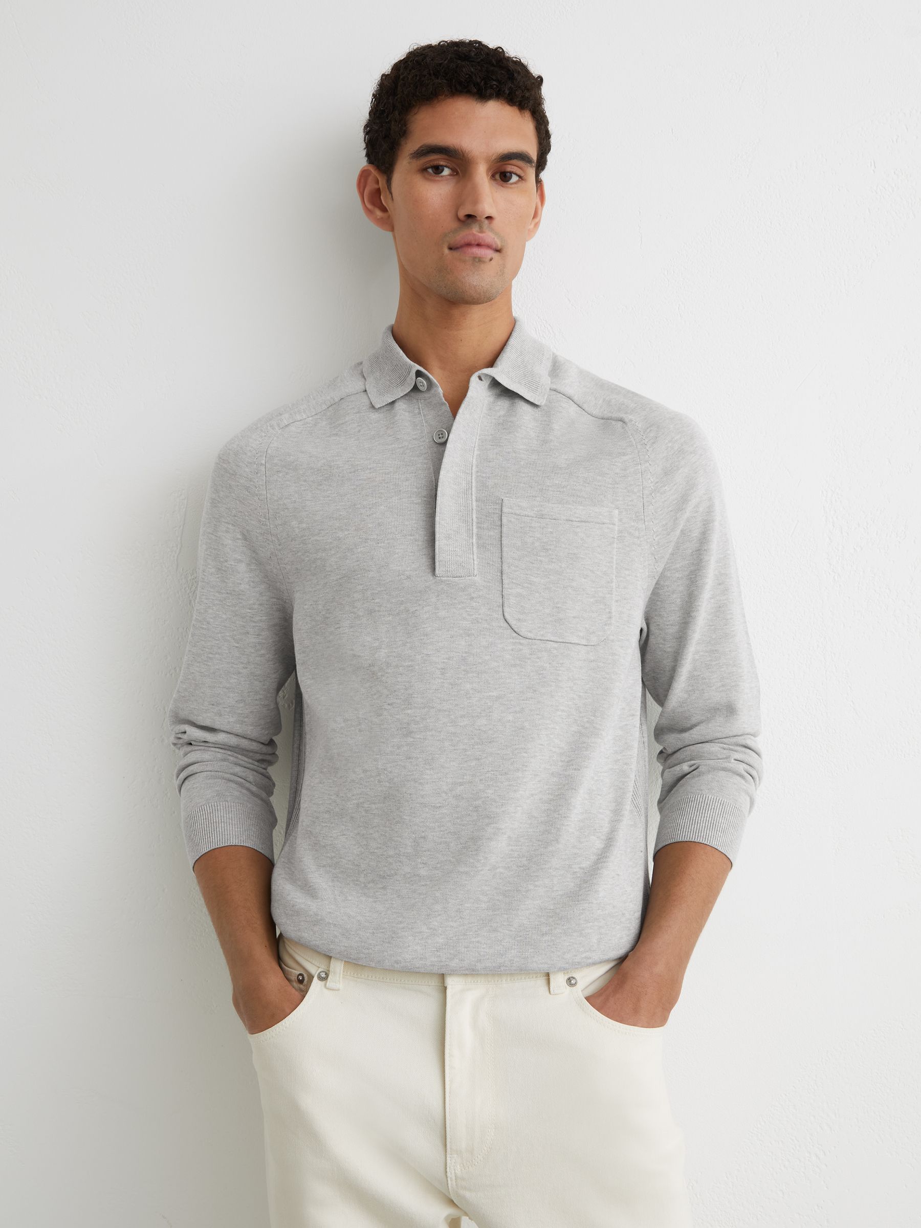 Cotton Concealed-Placket Polo Shirt in Grey Melange - image 2