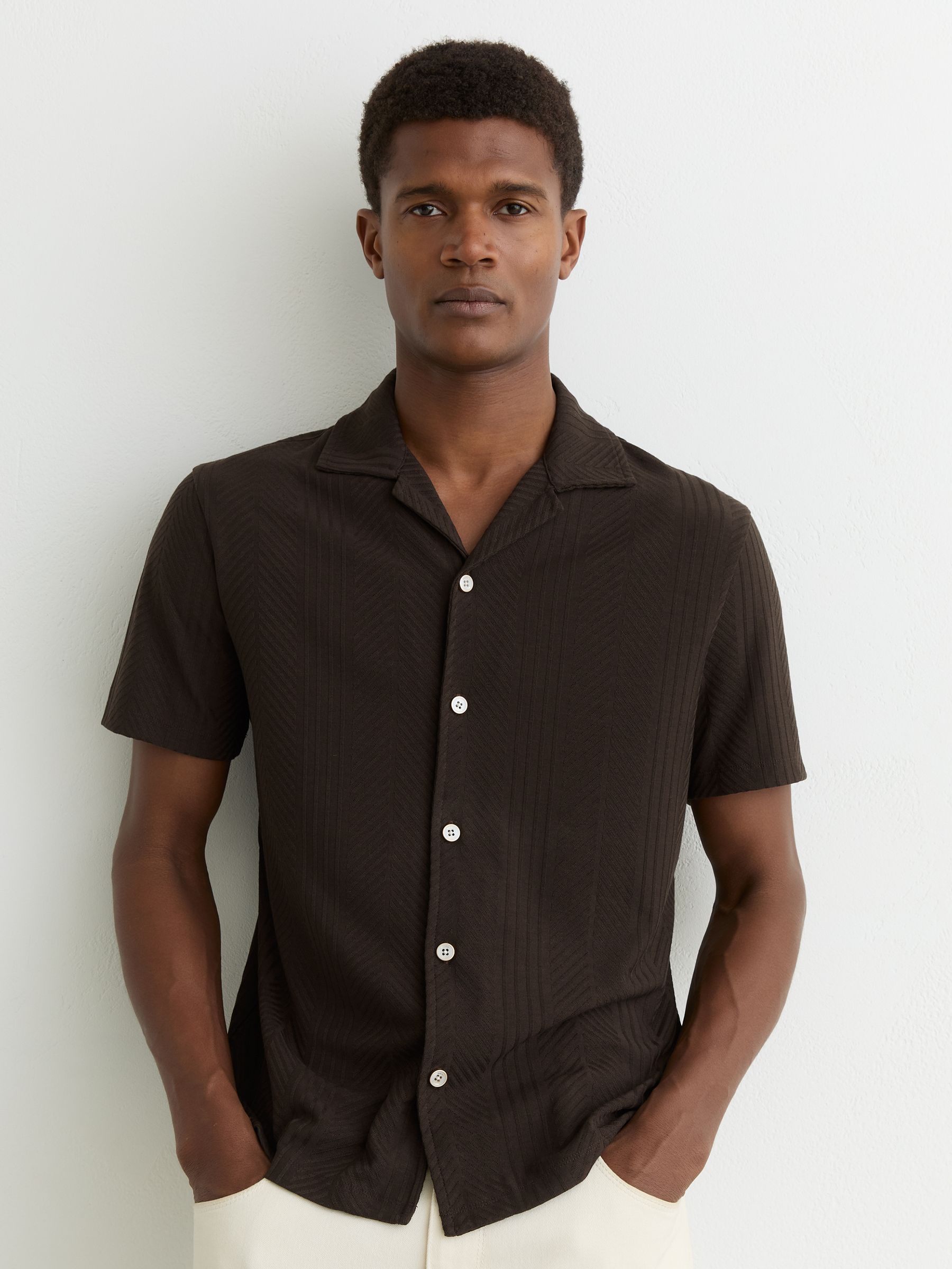 Jacquard Cuban-Collar Shirt in Dark Brown - Image 1 of 7
