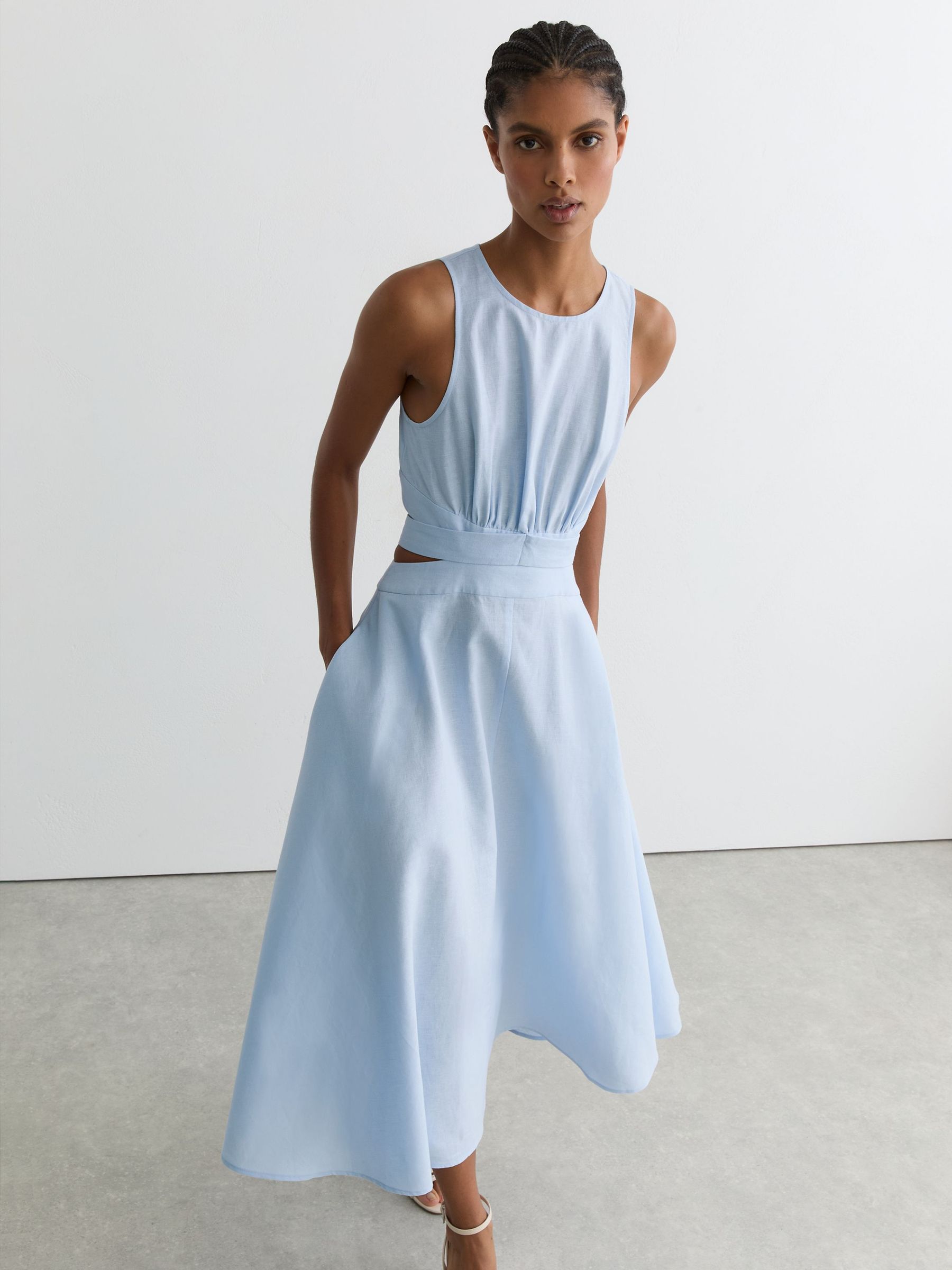Linen-Cotton Cut-Out Midi Dress in Blue - image 2