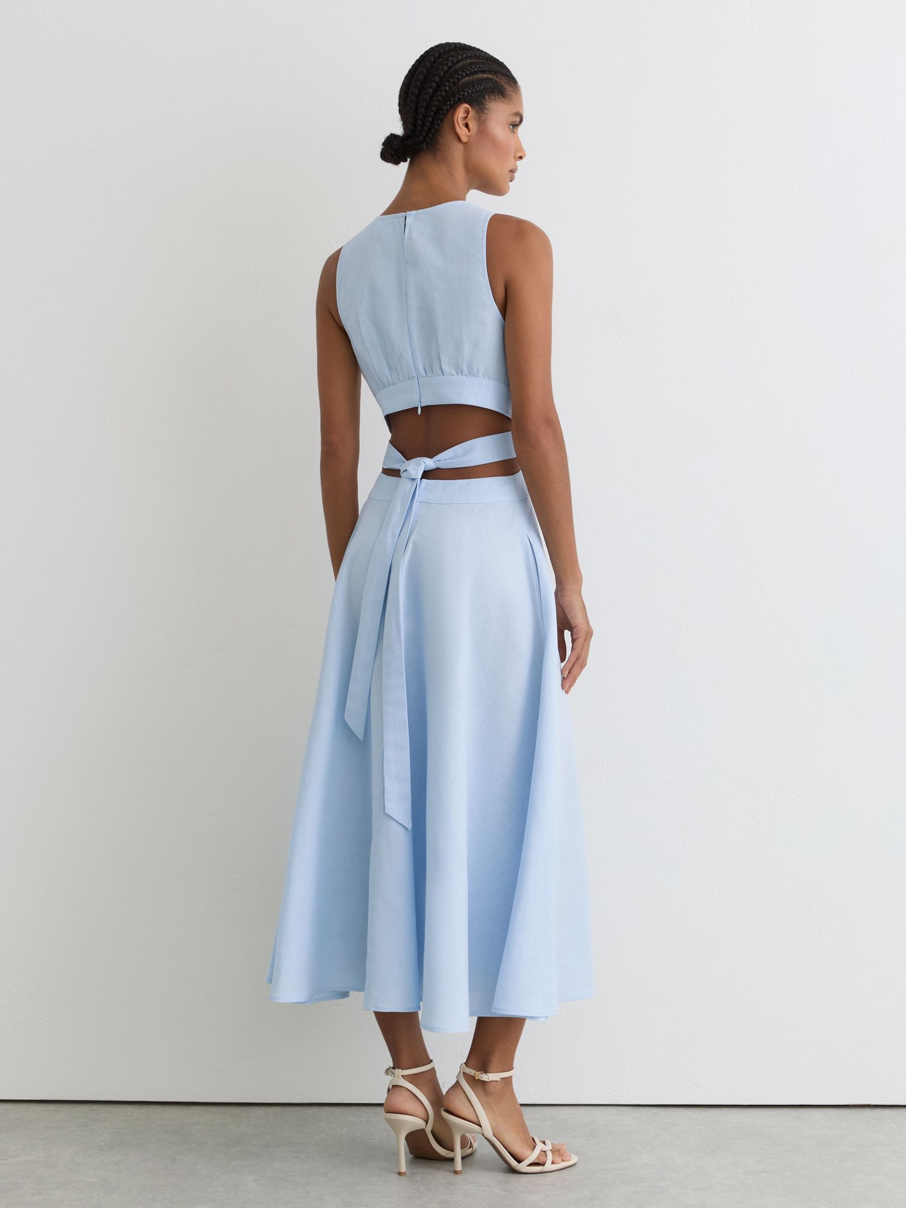 Reiss Linen-Cotton Cut-Out Midi Dress in Blue | REISS Reiss Linen-Cotton Cut-Out Midi Dress in Blue | REISS