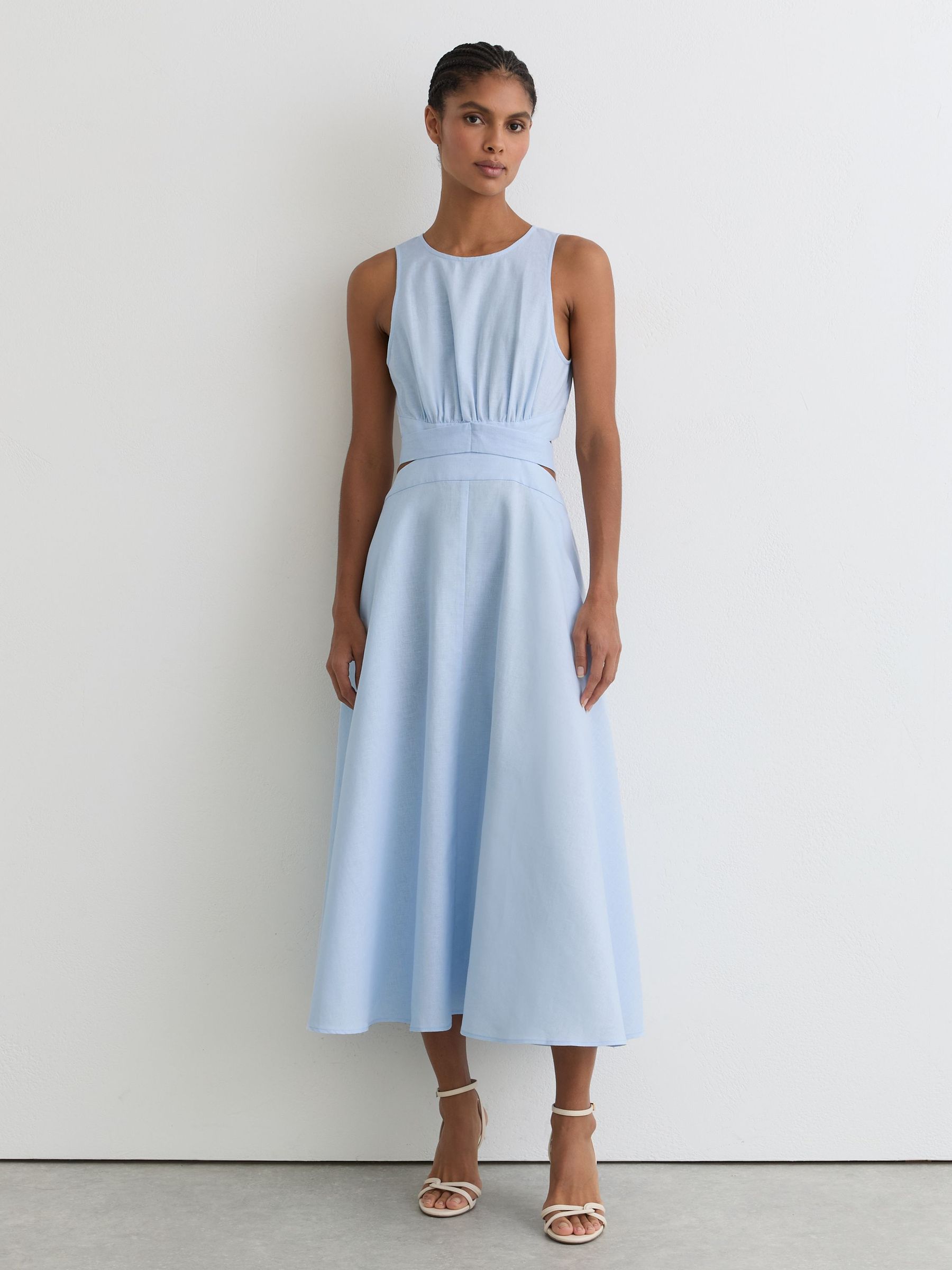 Linen-Cotton Cut-Out Midi Dress in Blue - image 5