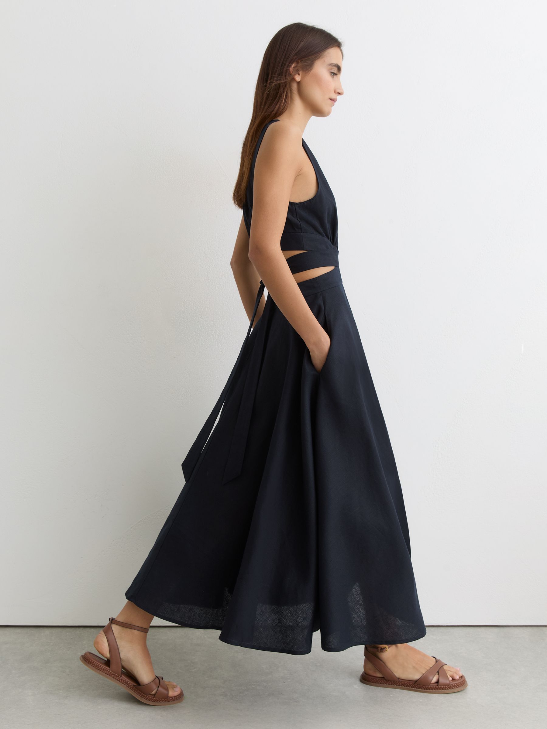 Linen-Cotton Cut-Out Midi Dress in Navy - image 5