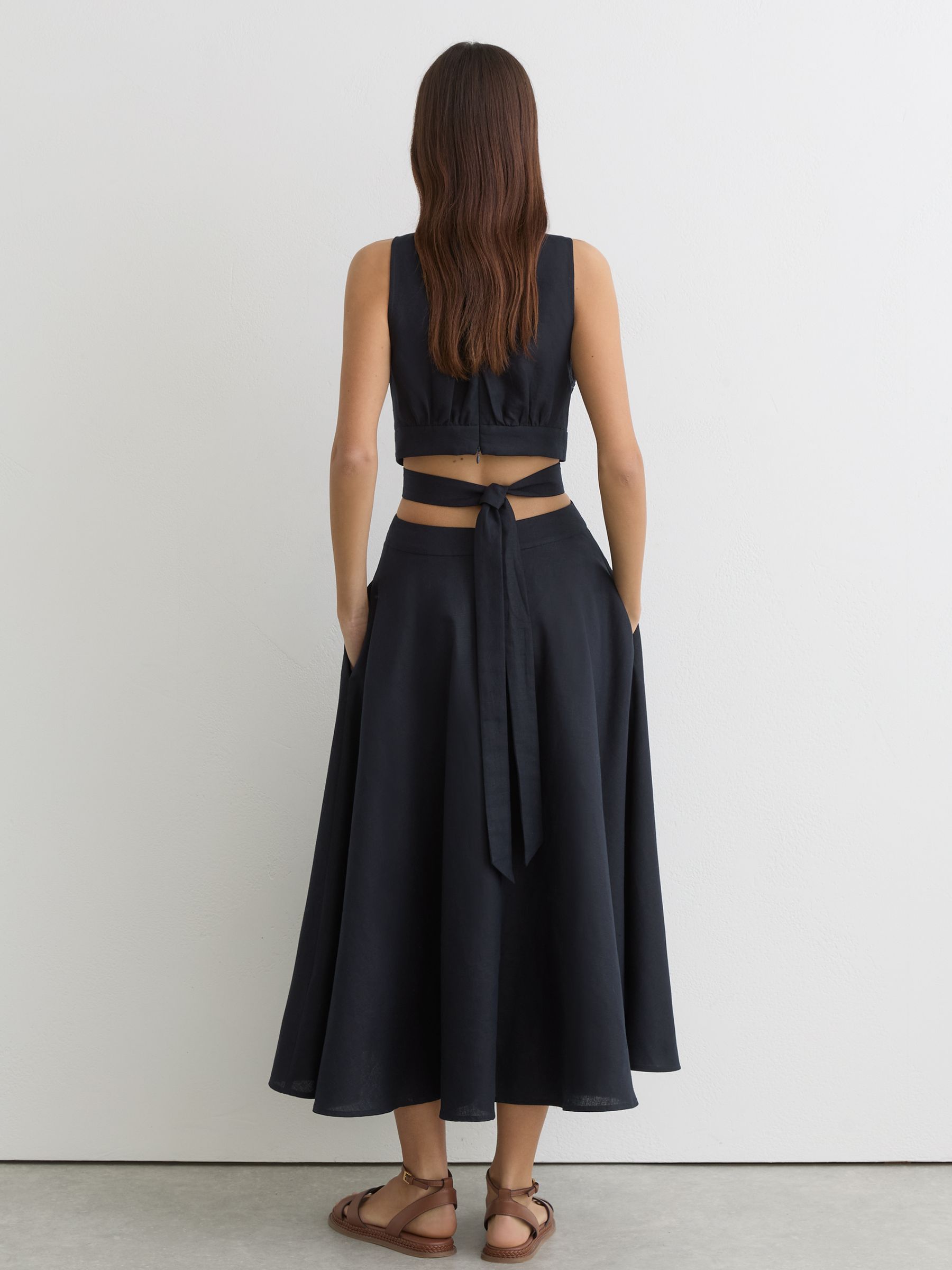 Reiss Linen-Cotton Cut-Out Midi Dress in Navy - REISS