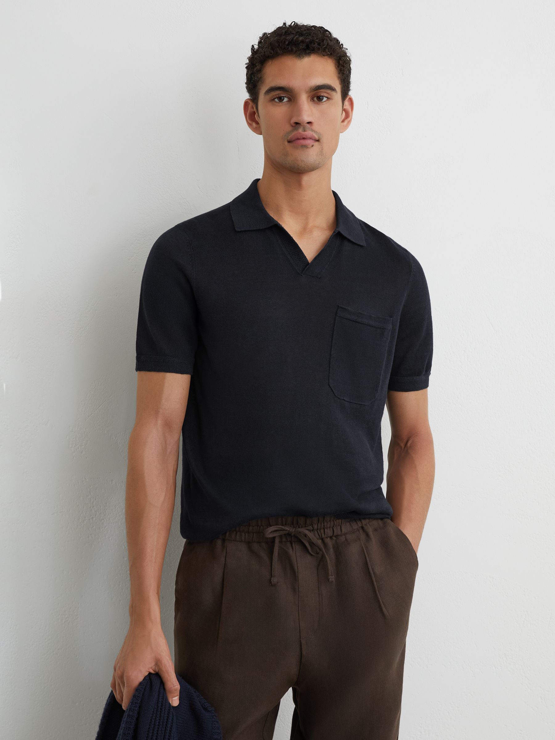 Linen Open-Collar Knit Polo Shirt in Navy - Image 1 of 6