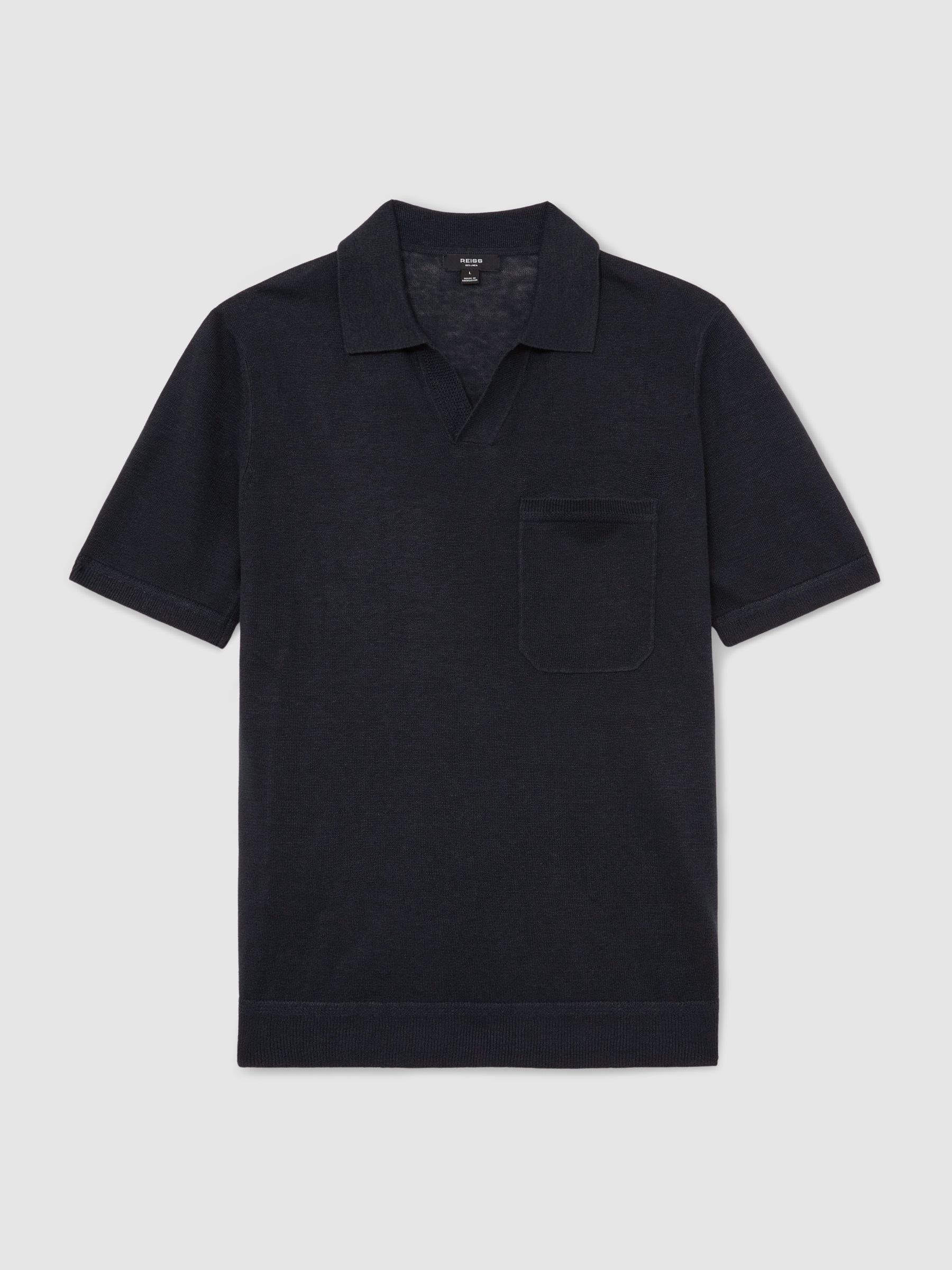 Linen Open-Collar Knit Polo Shirt in Navy