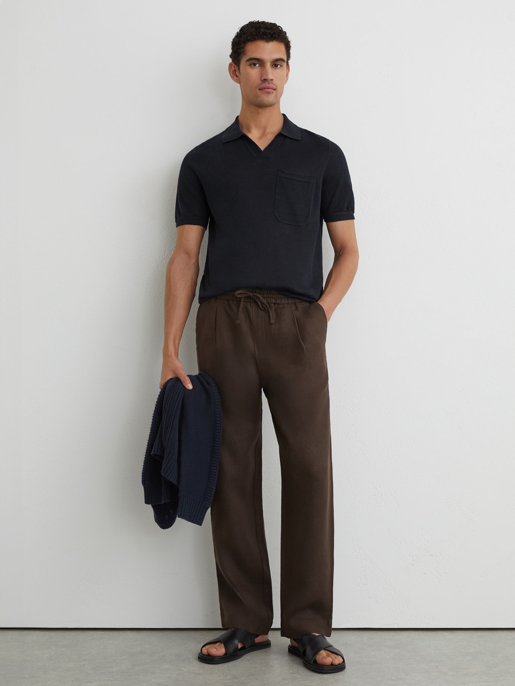 Linen Open-Collar Knit Polo Shirt in Navy - Image 3 of 6