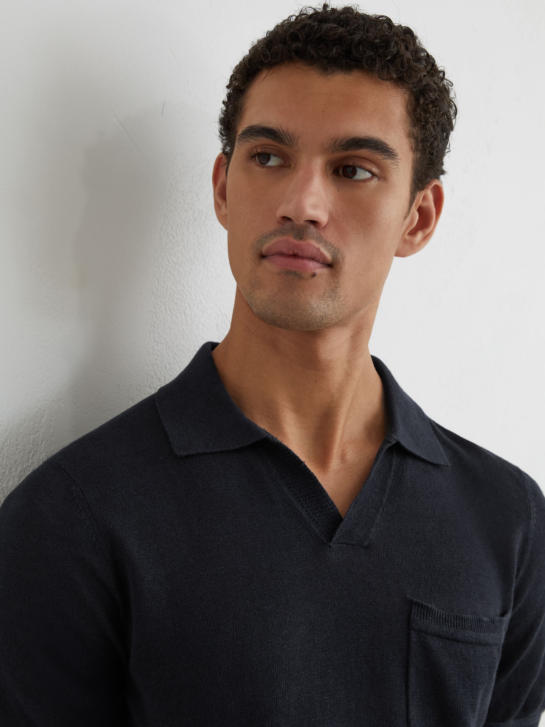 Linen Open-Collar Knit Polo Shirt in Navy - Image 4 of 6