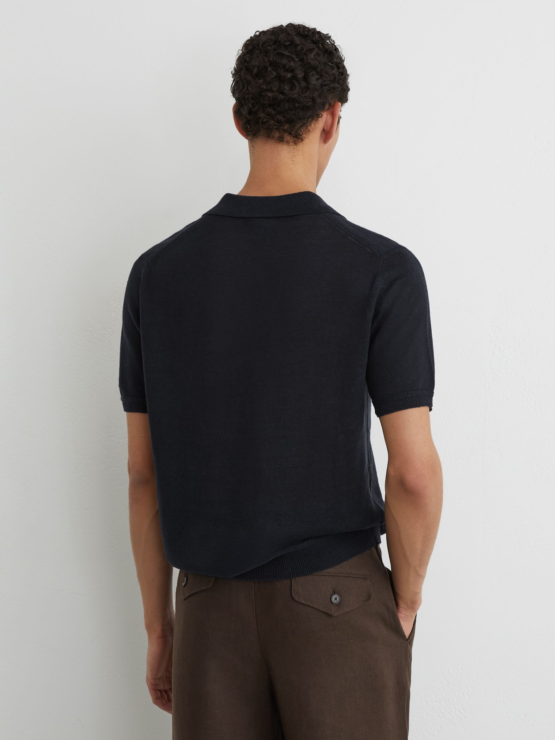 Linen Open-Collar Knit Polo Shirt in Navy - image 4