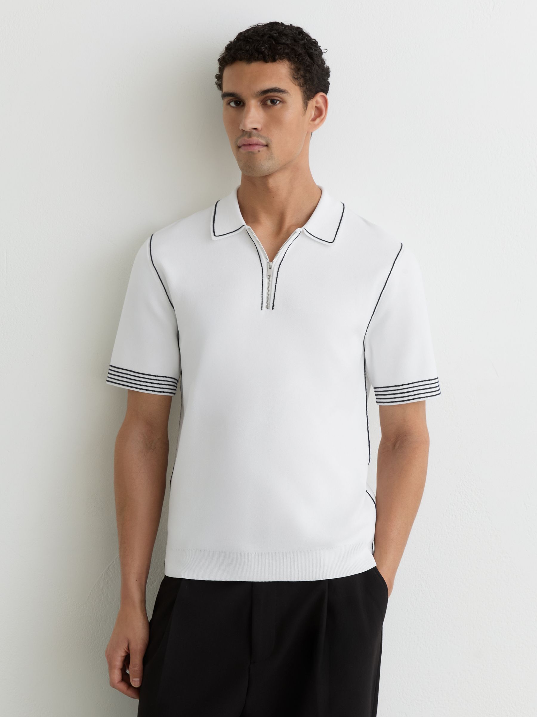 Stitch-Detail Half-Zip Polo Shirt in White - Image 1 of 6