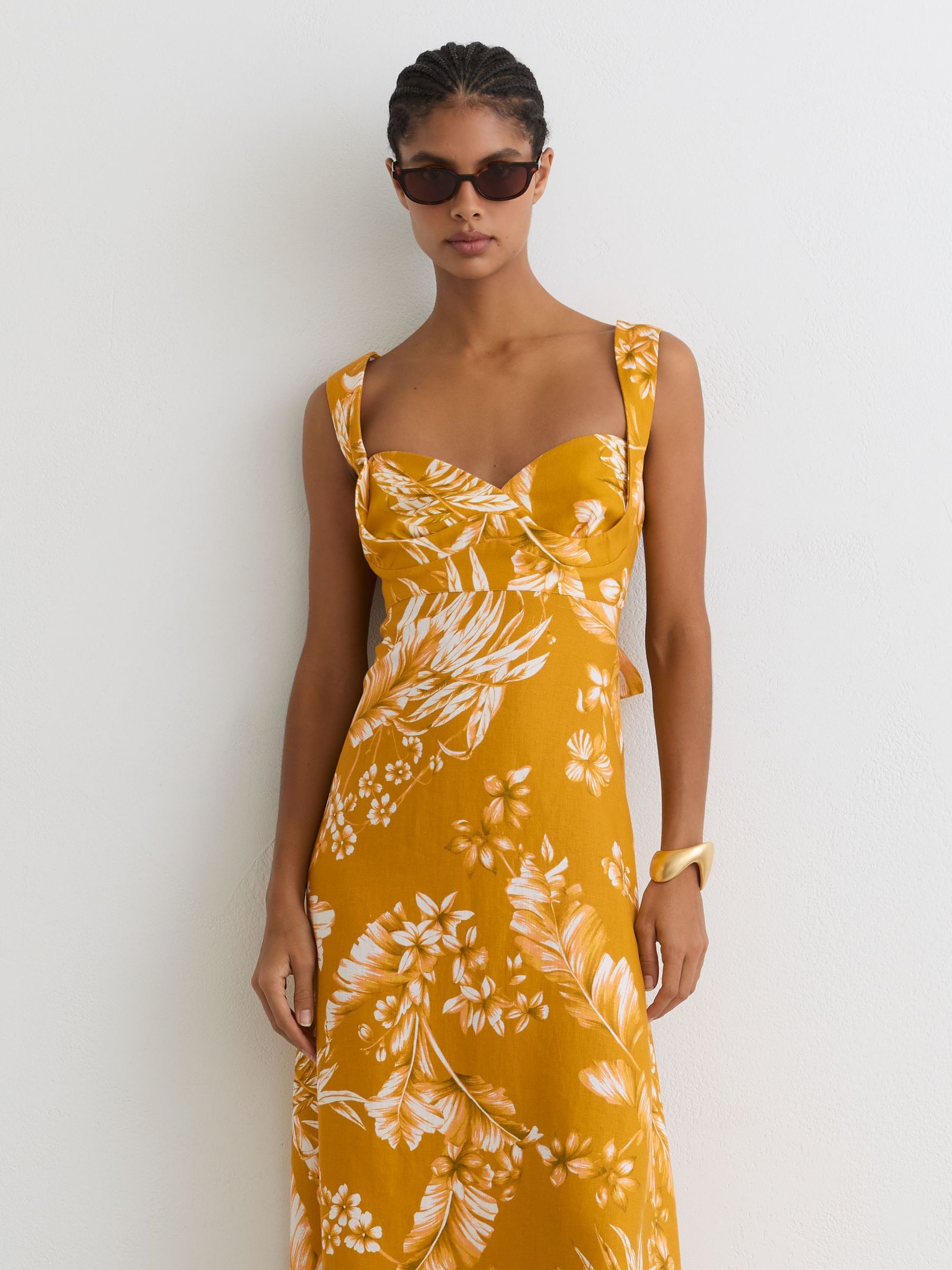 Linen Floral-Print Midi Dress in Yellow - Image 1 of 7