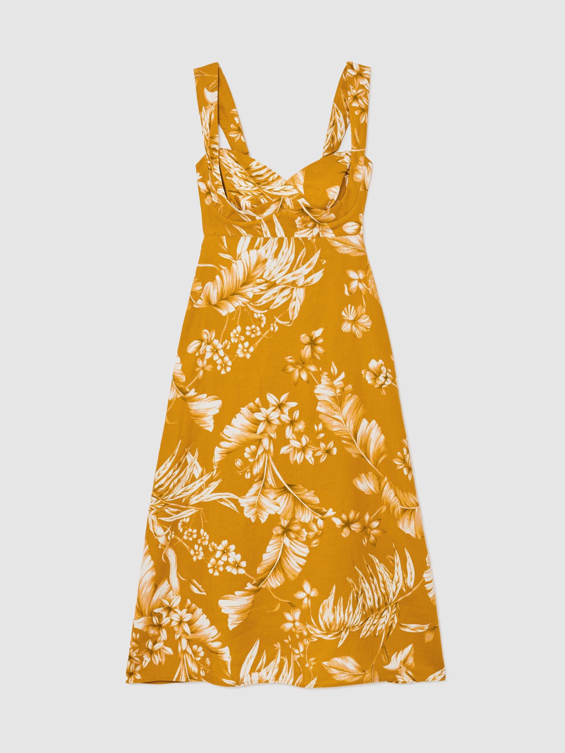 Linen Floral-Print Midi Dress in Yellow - image 1