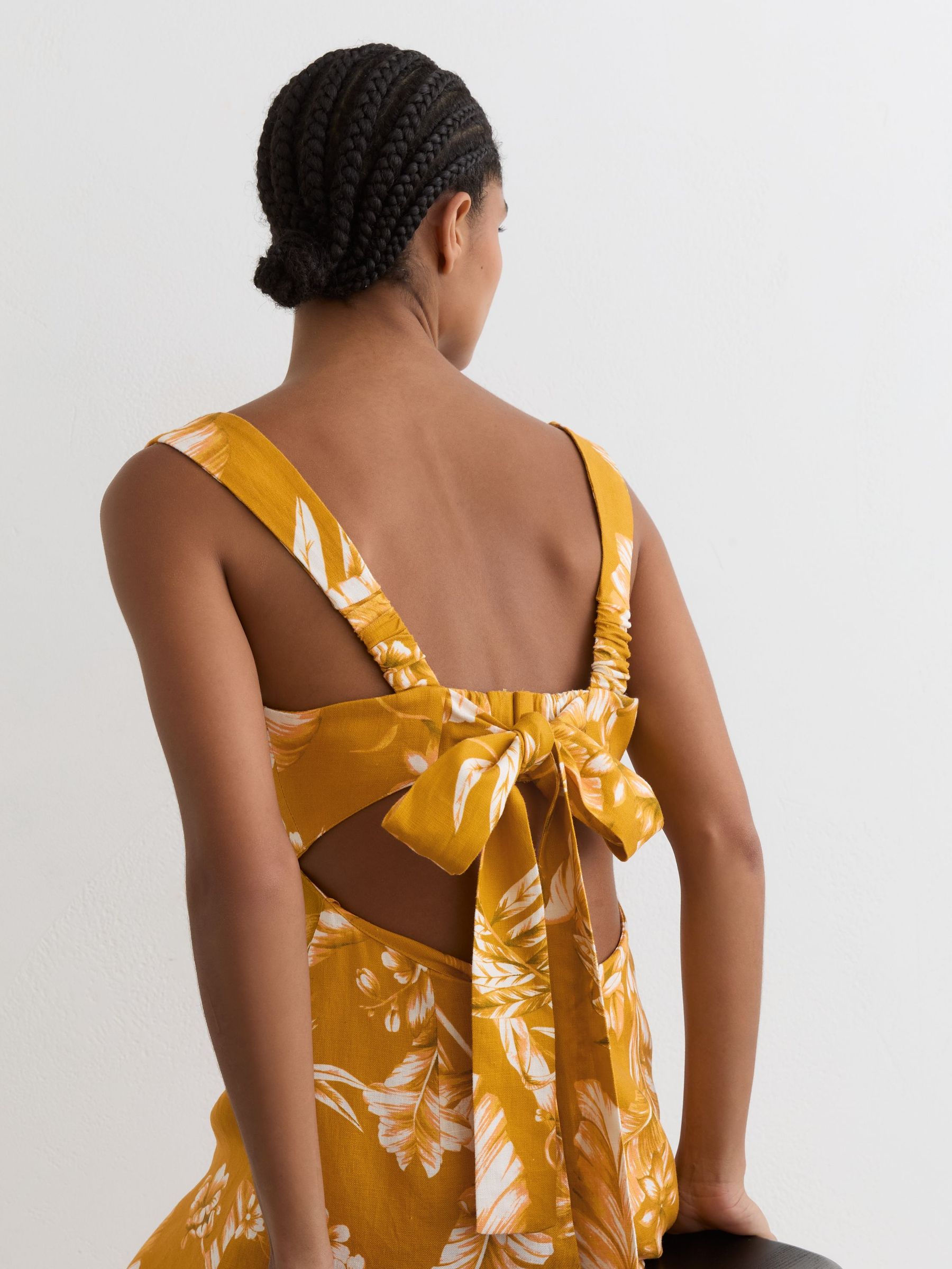 Linen Floral-Print Midi Dress in Yellow - Image 3 of 7