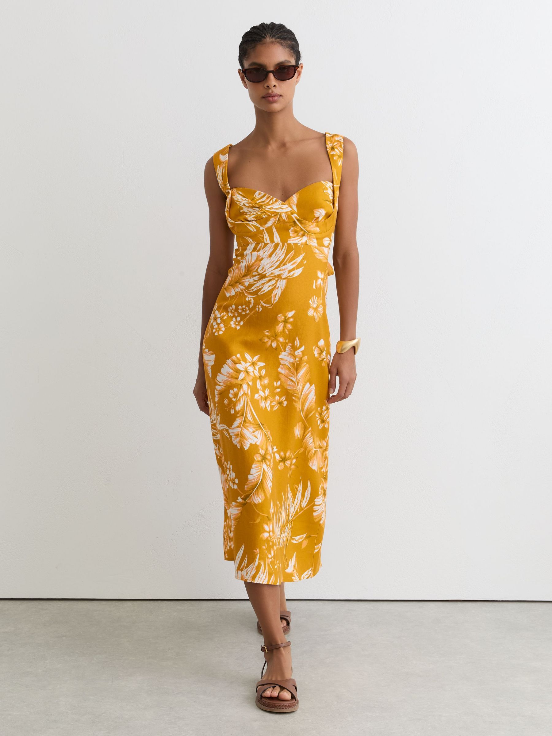 Linen Floral-Print Midi Dress in Yellow - Image 4 of 7
