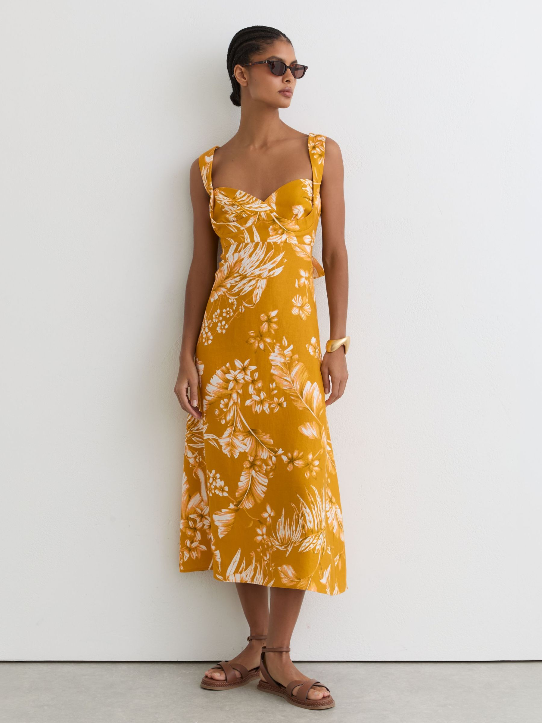 Linen Floral-Print Midi Dress in Yellow - image 5