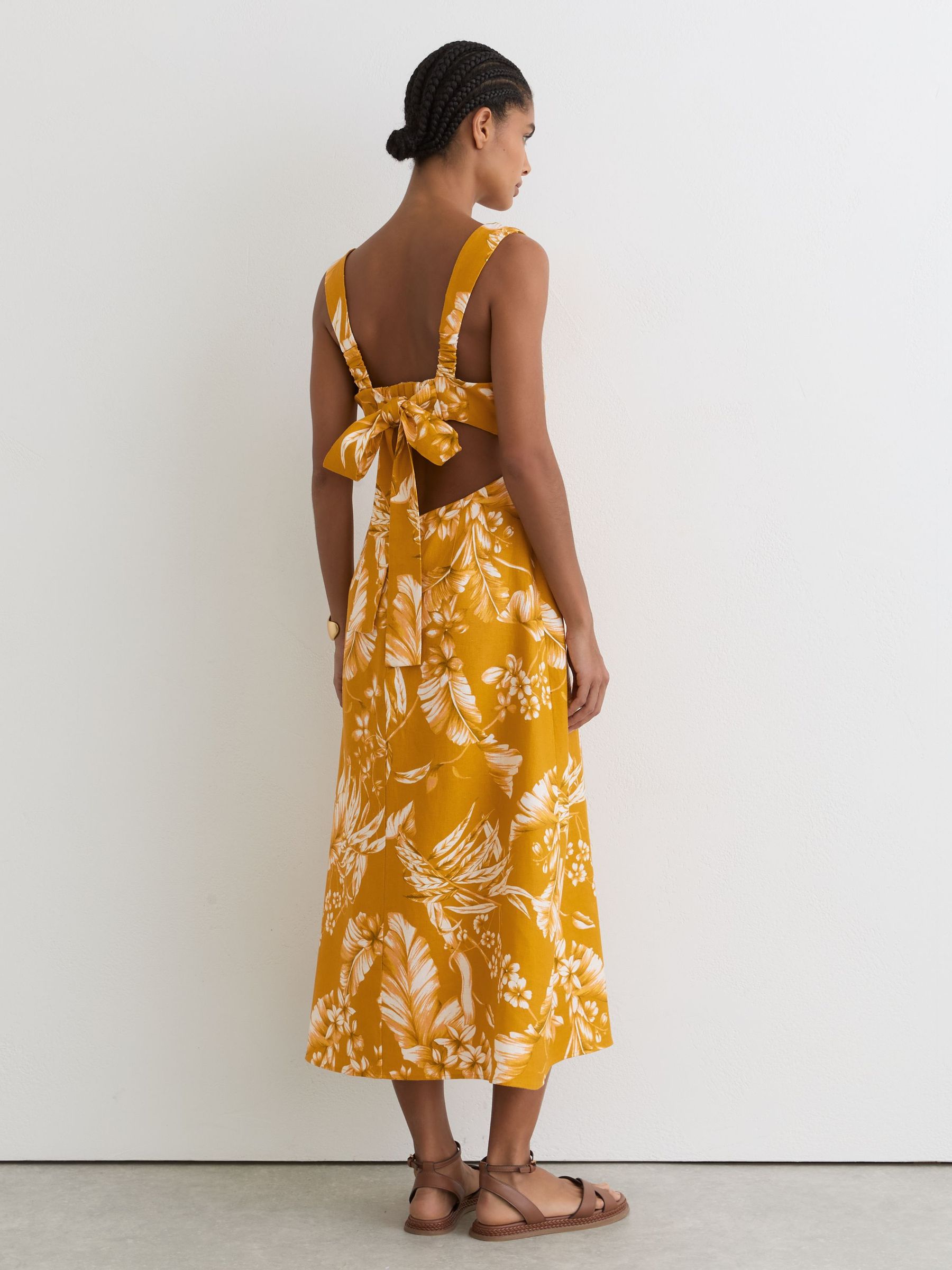 Linen Floral-Print Midi Dress in Yellow - image 4