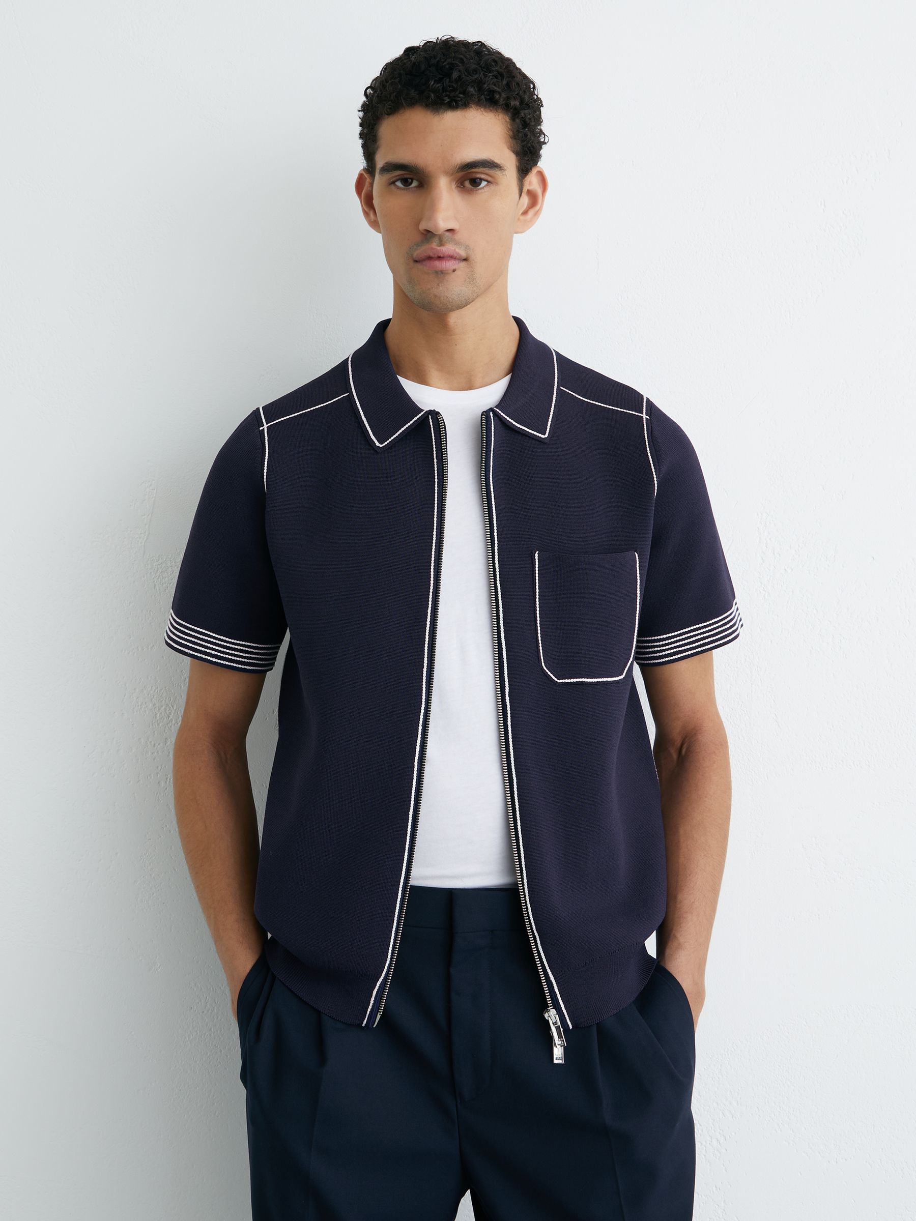 Stitch-Detail Zip-Through Knit Shirt in Navy - Image 1 of 6