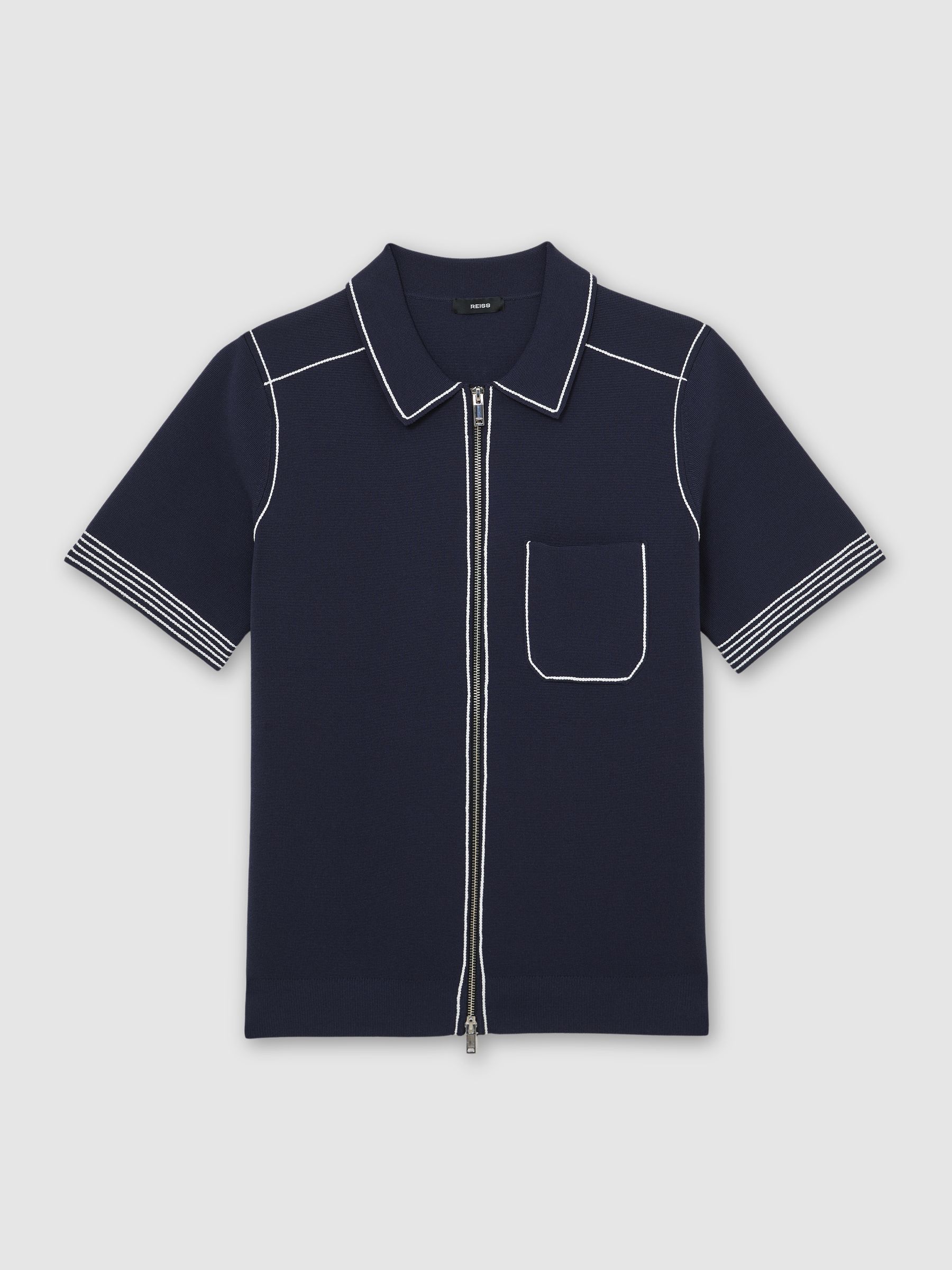 Stitch-Detail Zip-Through Knit Shirt in Navy - Image 2 of 6