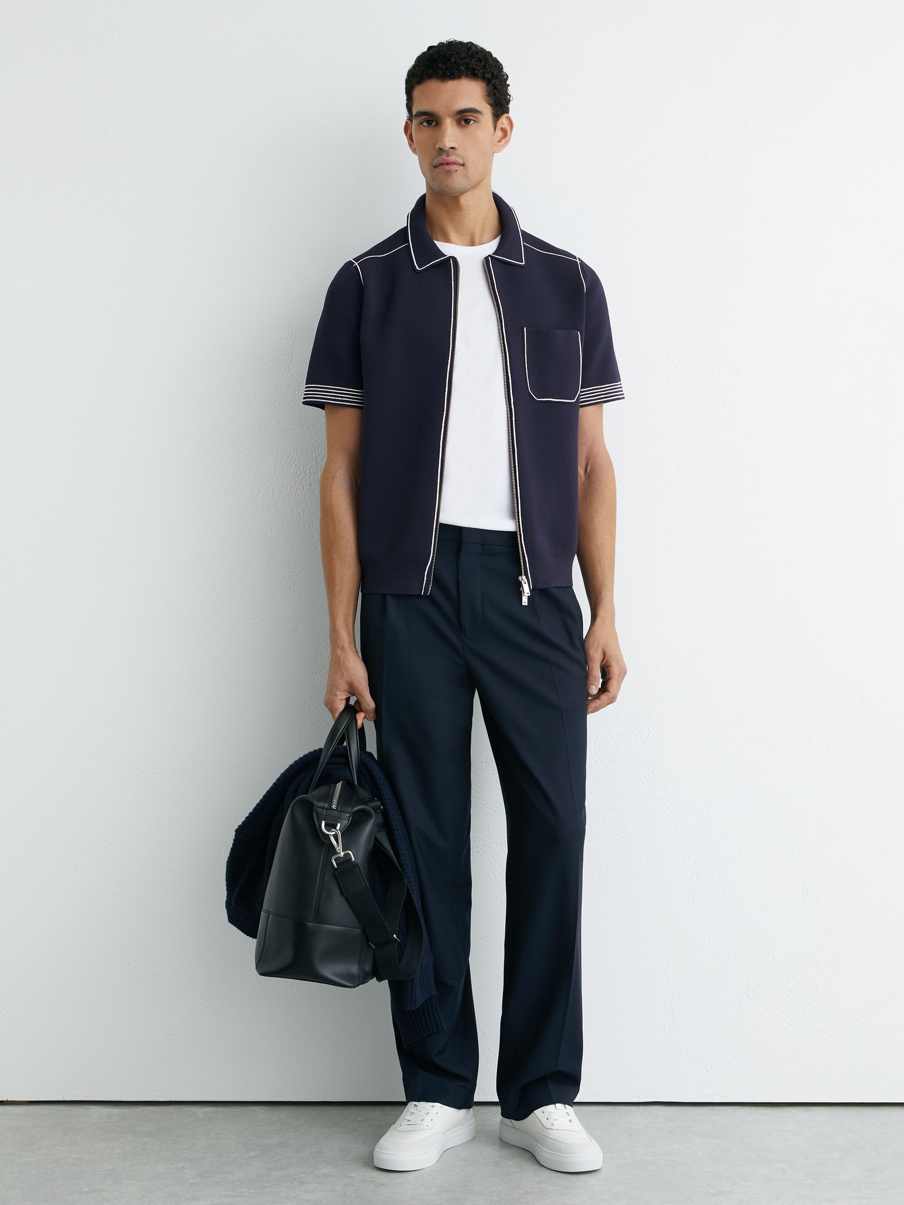 Stitch-Detail Zip-Through Knit Shirt in Navy - Image 3 of 6